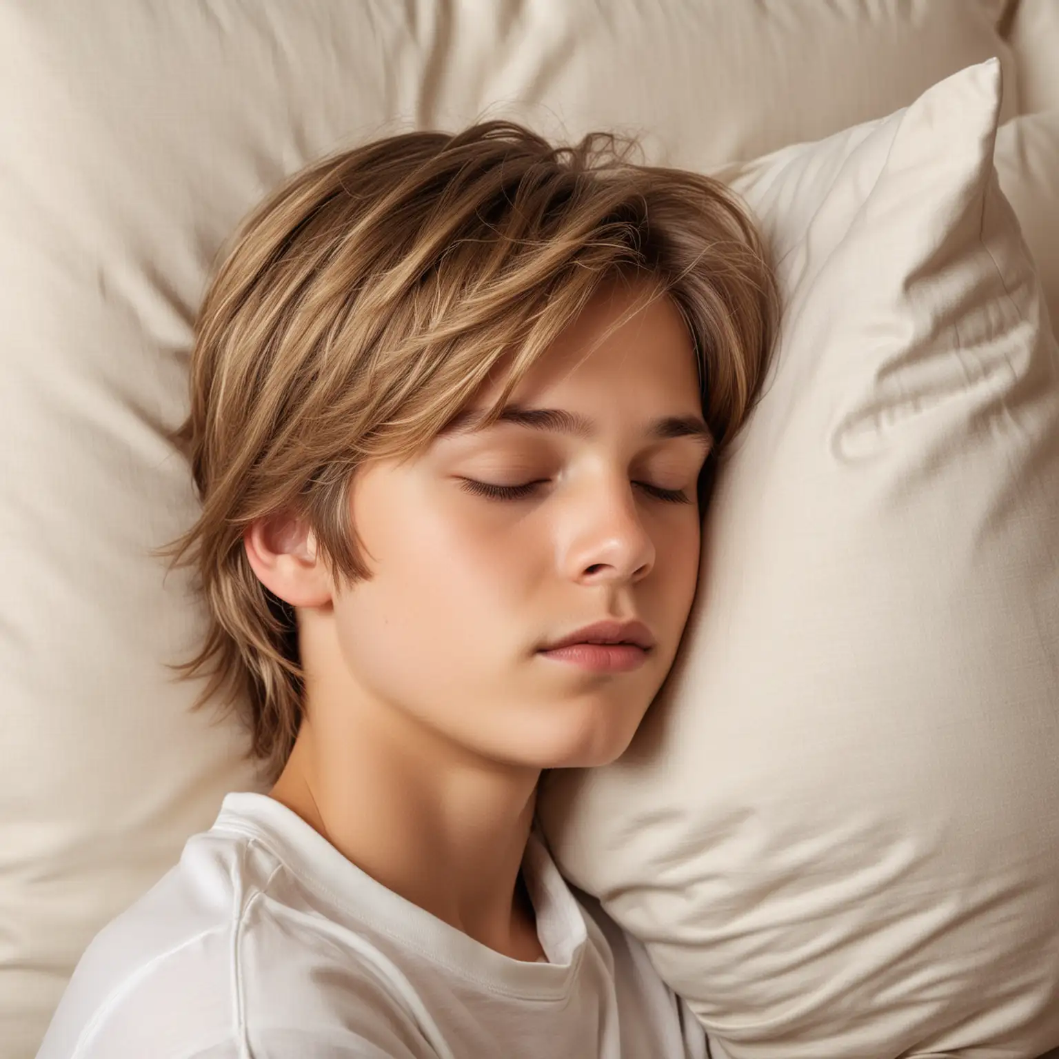 Studio quality photo of  sleeping twelve year old boy with soft, shiny medium length hair with highlights,  face on pillow, profile view of model, bright light overhead 