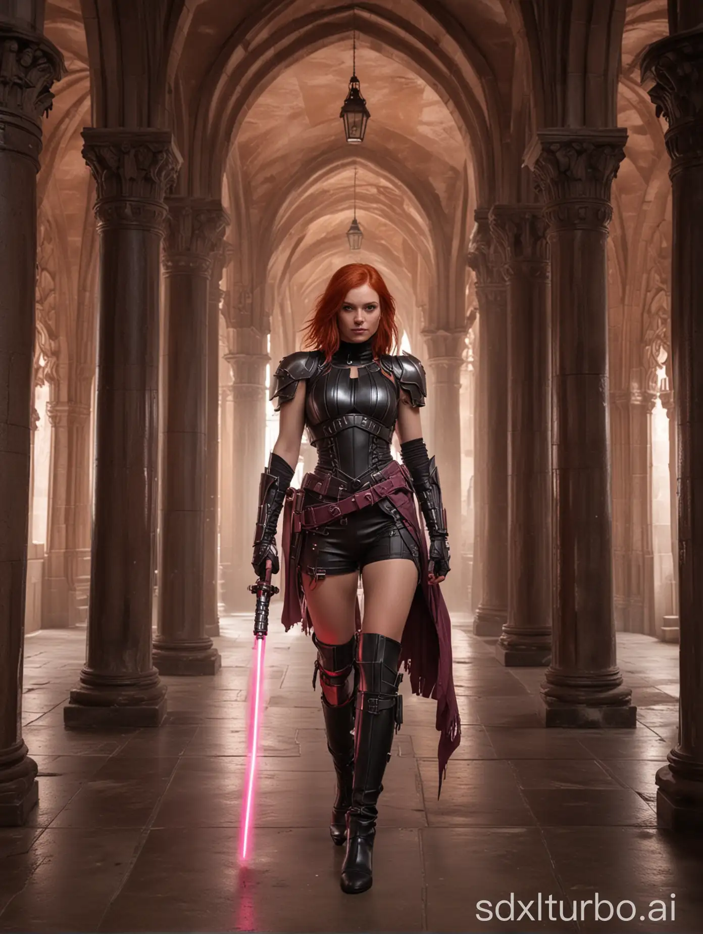 A red-haired woman in leather armor holds a pink lightsaber. She stands in a gothic hallway with arches and pillars.