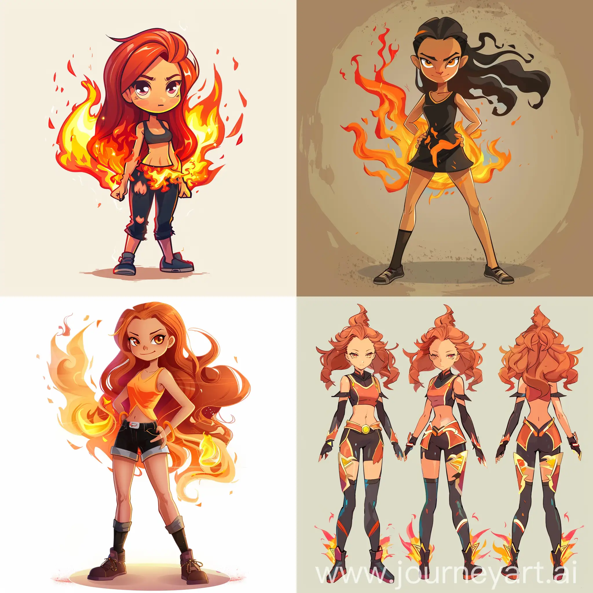 придумай персонажа девочку которая является героиней стихии огня в полный рост в мультяшном стиле