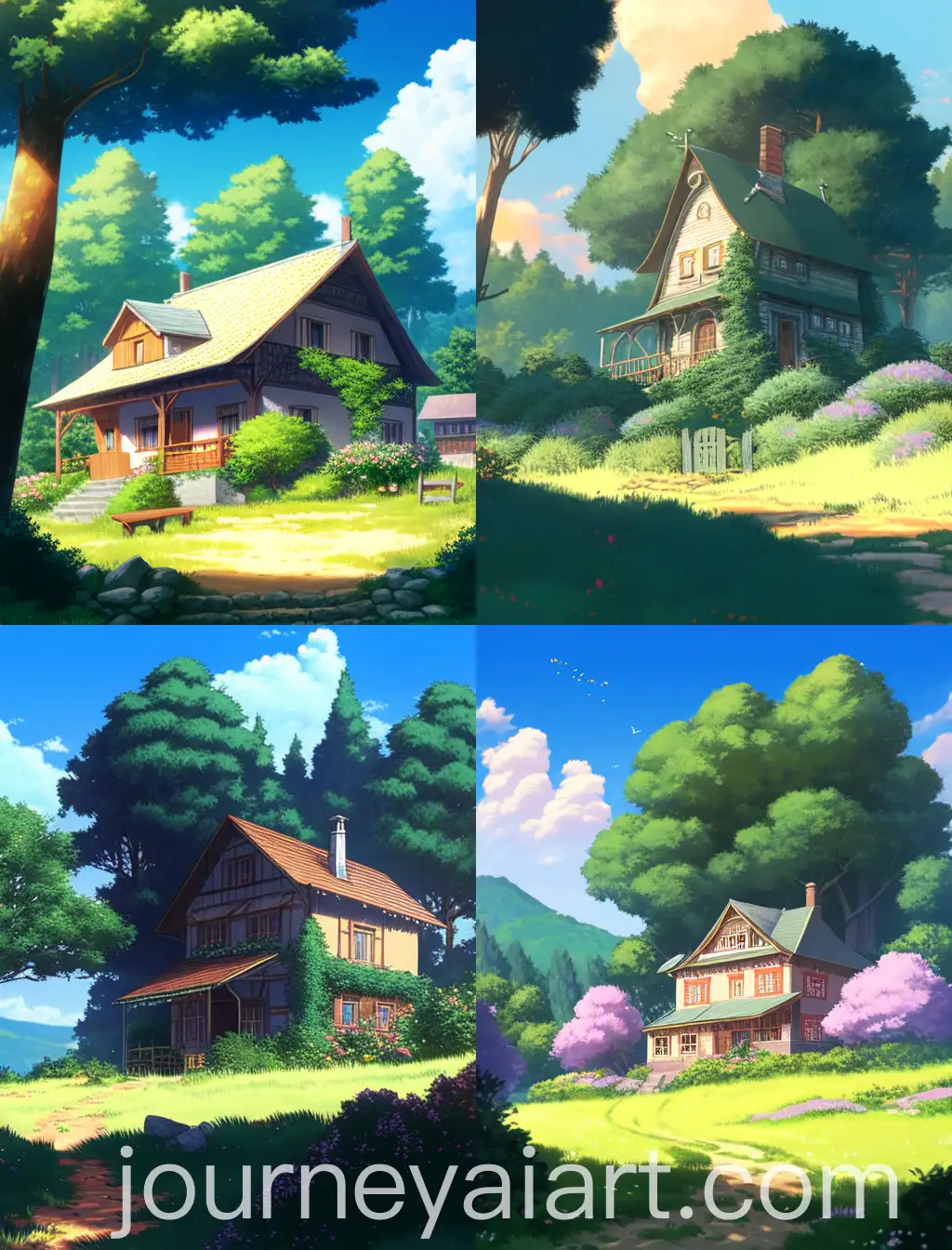 Cozy-Home-Near-Hill-with-Tall-Trees-on-Sunny-Day-Studio-Ghibli-Inspired-Art