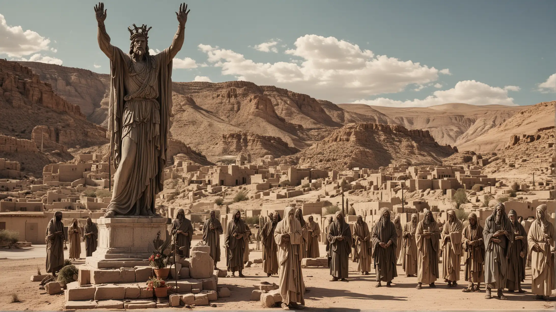  a pagan statue in a large desert town setting with some people gathered around it. during the era Biblical era of Elijah.