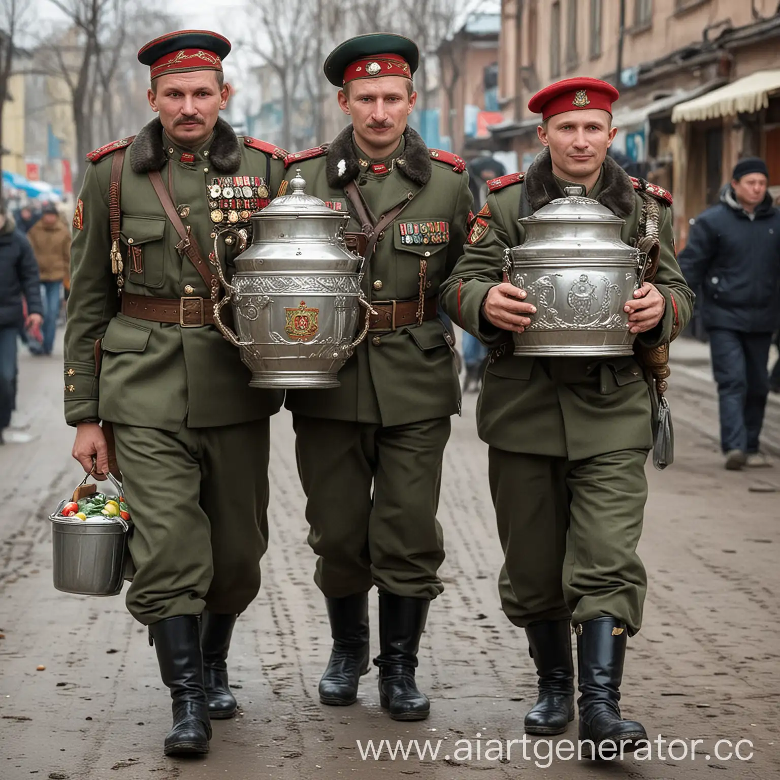 Funny Russian soldiers carry a samovar to the market