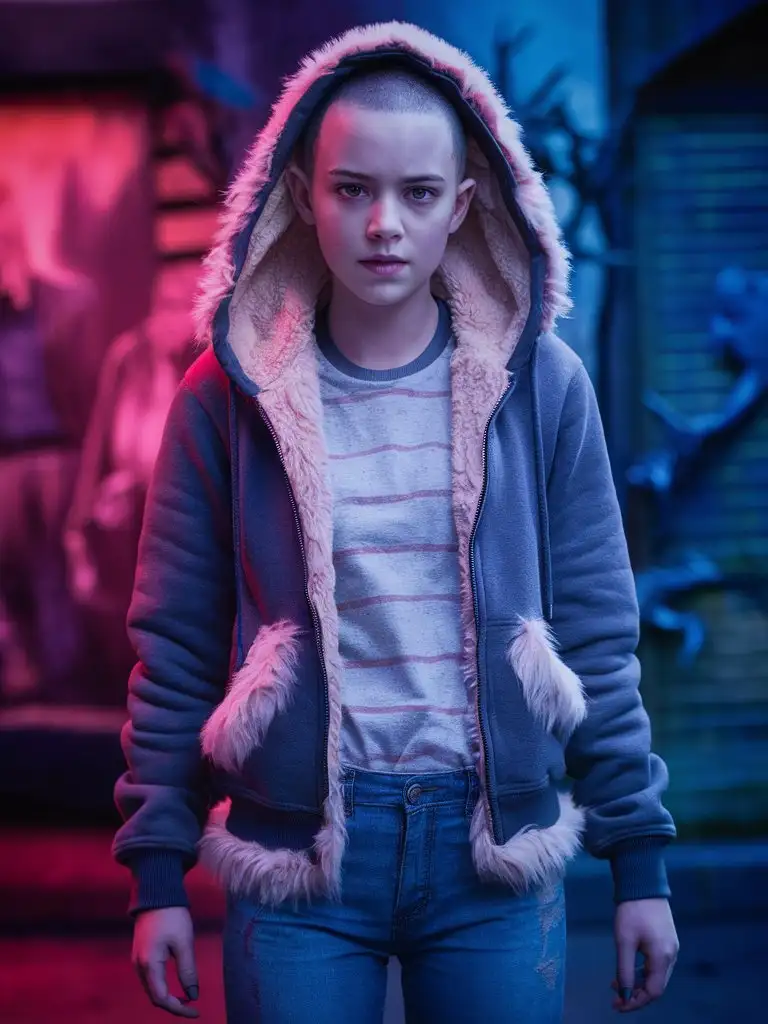 Eleven, stranger things, hoodie with fur trim, fluffy fleece, photorealistic, 12-year-old, model shoot style