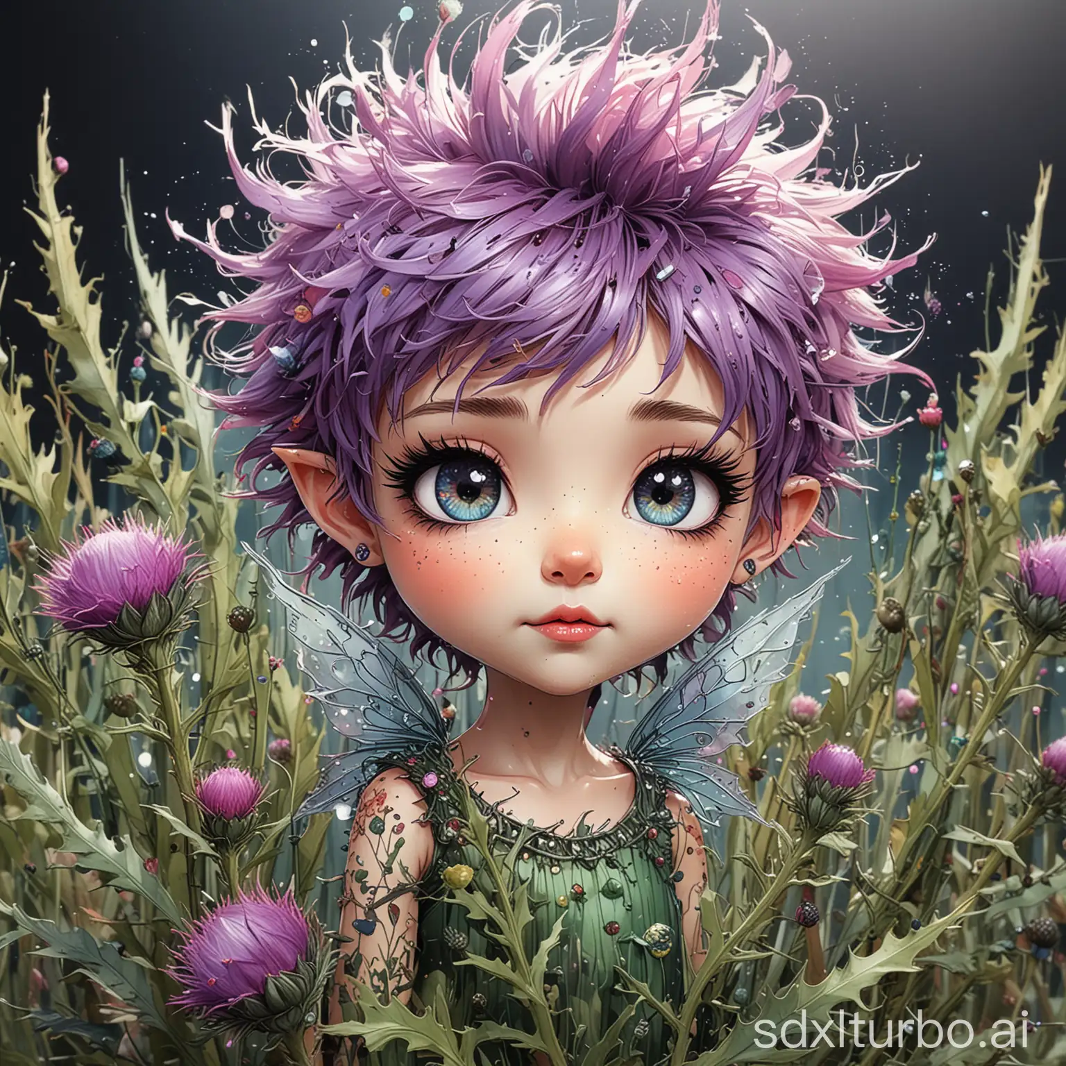 Chibi anime-style thistle fairy with a flashy, unusually snide expression, launching off a thistle bush teeming with spikes, enhanced by the intricate linework reminiscent of Quentin Blake, liquid markers adding vibrant hues, iridescent pupils glinting within the atypical emptiness of the eyes, disheveled hair blending with petals on the forehead, displaying a captivating