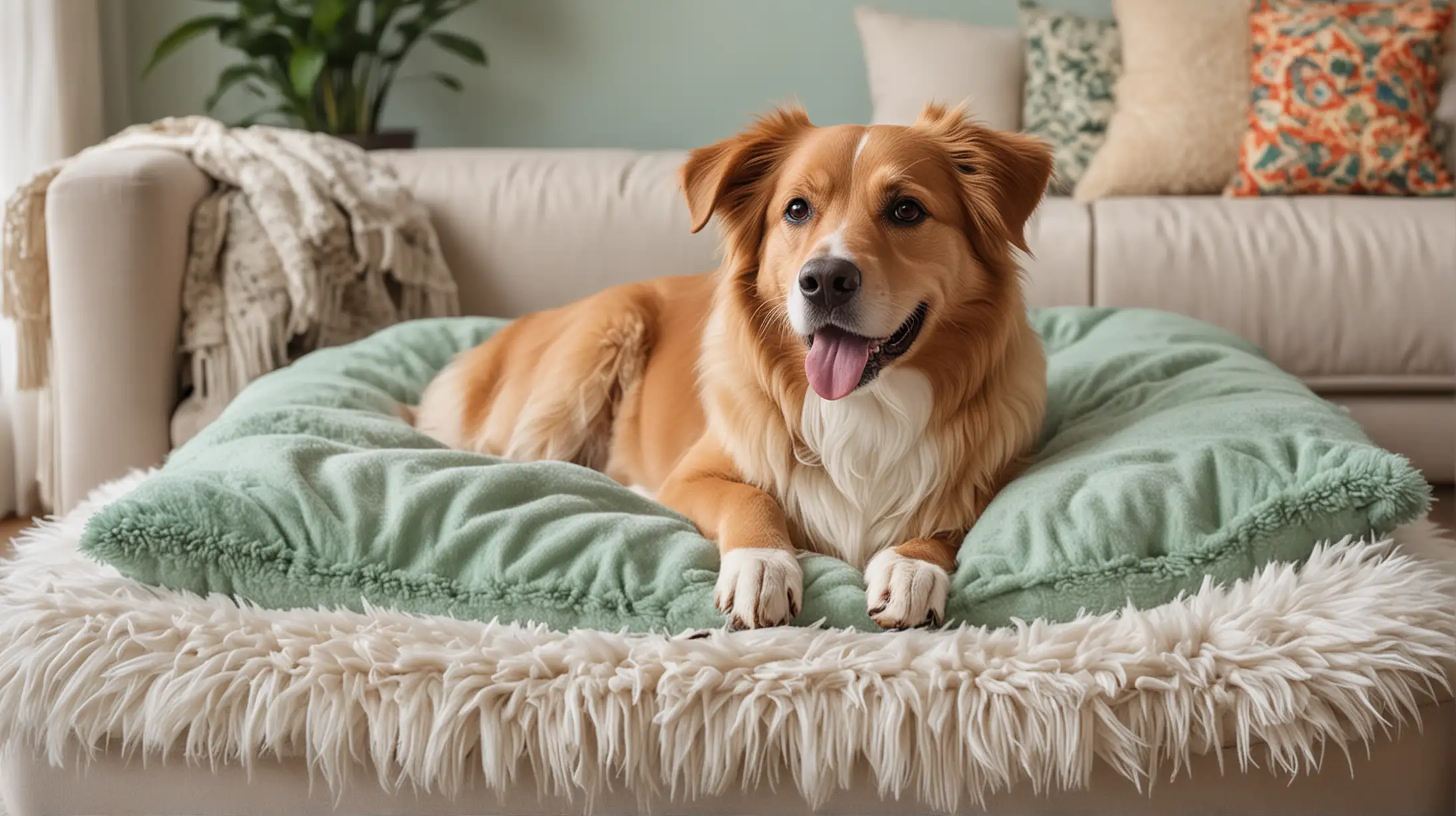 Create an image of a happy dog lying on a cozy dog bed next to a couch in a high-end home setting. The scene should include mint, sky bluish, beiges, whites, grass greens, and a splash of bright colors. The dog should look relaxed and content, with the room appearing inviting and comfortable.