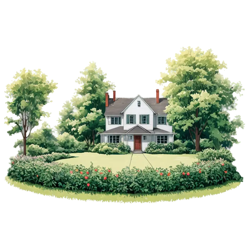 Country-House-in-Garden-with-Apple-Trees-Captivating-PNG-Line-Art-Illustration