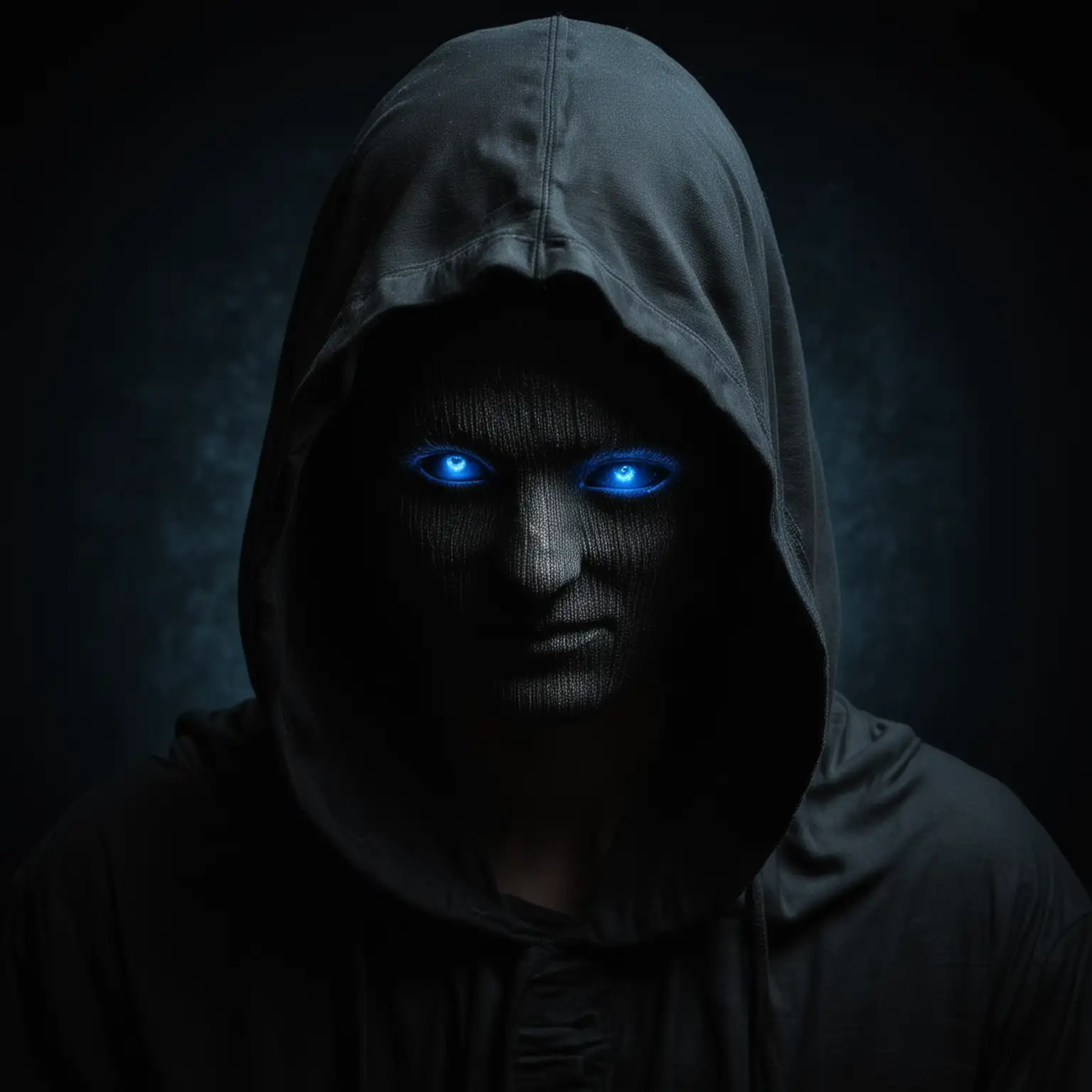 тайнствен образ с качулка без лице със светещи сини очи на тъмен фон 
