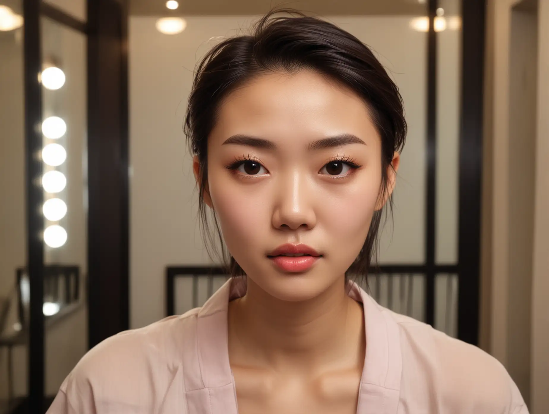 face of a stunned shy angelic skinny chinese hair stylist in an upscale salon. she is blushing and breathless, her lips parted, staring at the camera with a desperate pleading look. she is a natural beauty without makeup.