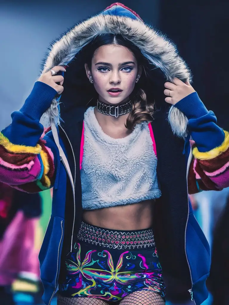 Siren-Teenager-in-Fur-Trim-Hoodie-Vibrant-Raver-Fashion-with-Hot-Attitude