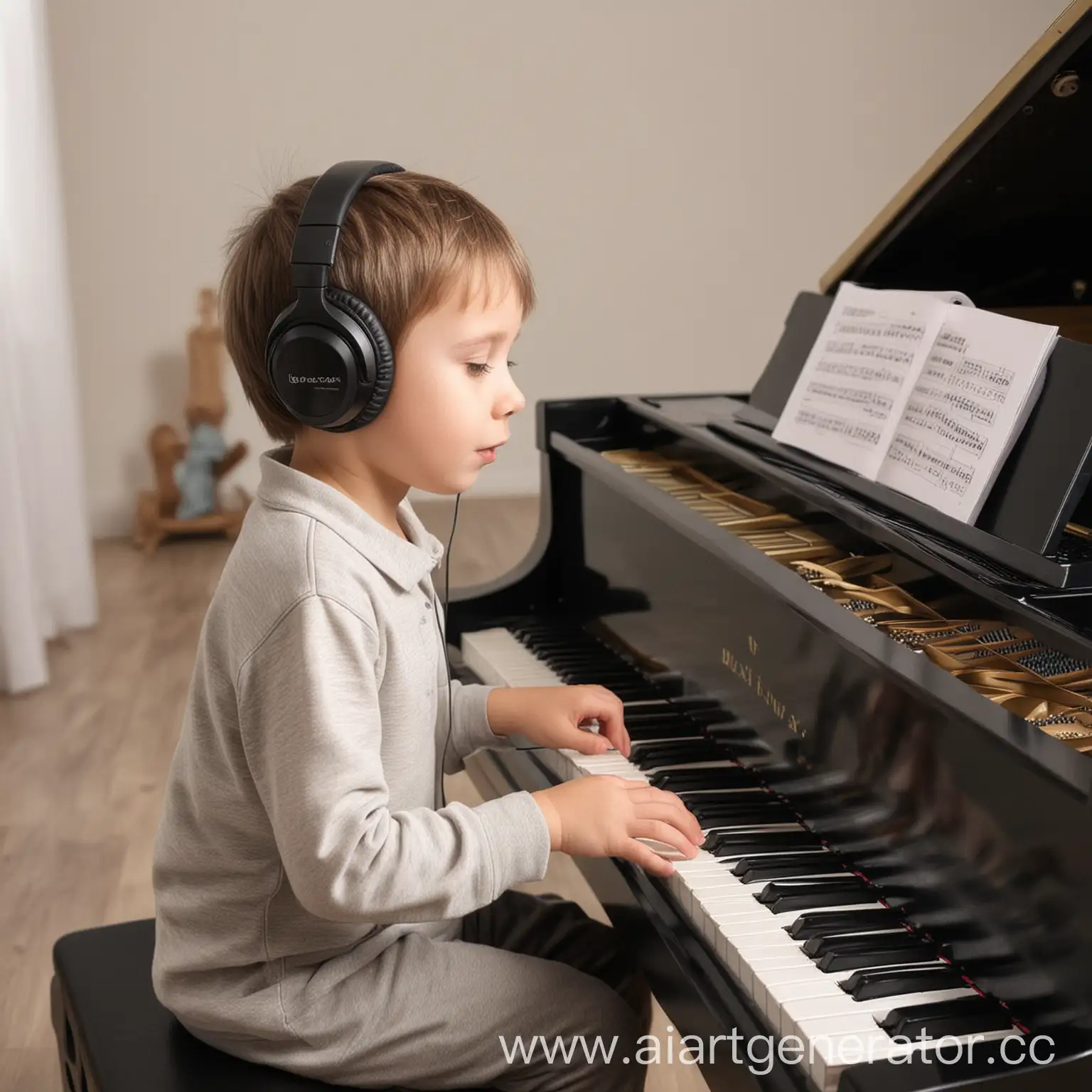 Ребенок играет на фортепиано в наушниках
