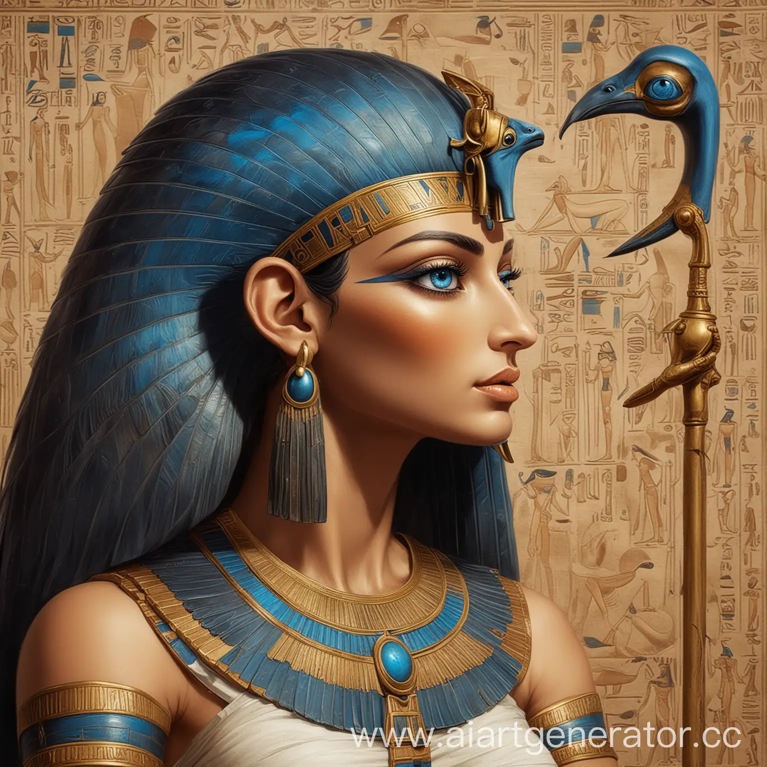 Египетский бог Horus в женском обличии с голубыми глазами и рядом любимый египетский бог