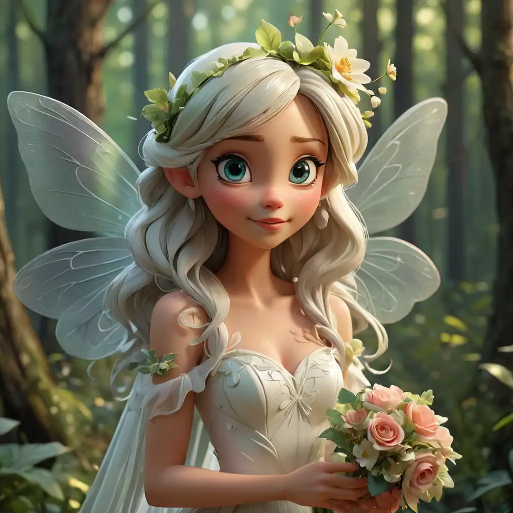 A beautiful fairy, 3D, Disney Style, with beautiful fairy wings, a fairy in a wedding dress , a veil on her head, holding a flower bouquet, with the forest in the background.