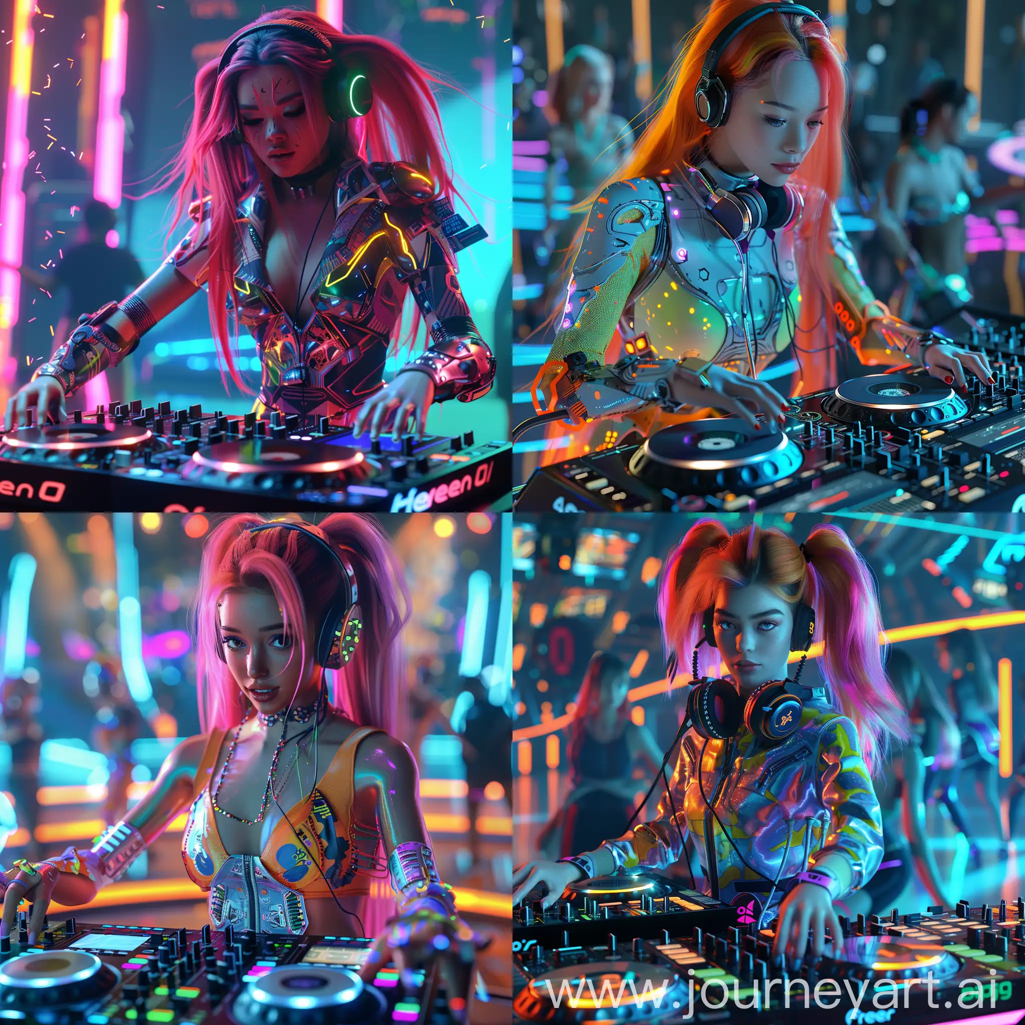 Create vibrant, high-resolution 4K image, full-screen 16:9, hyper-detailed, octane render, ray-tracing, blender, hyper-detailed, a stunningly beautiful girl DJ at the console with bright hair and futuristic clothing for the background of a dancing peoples