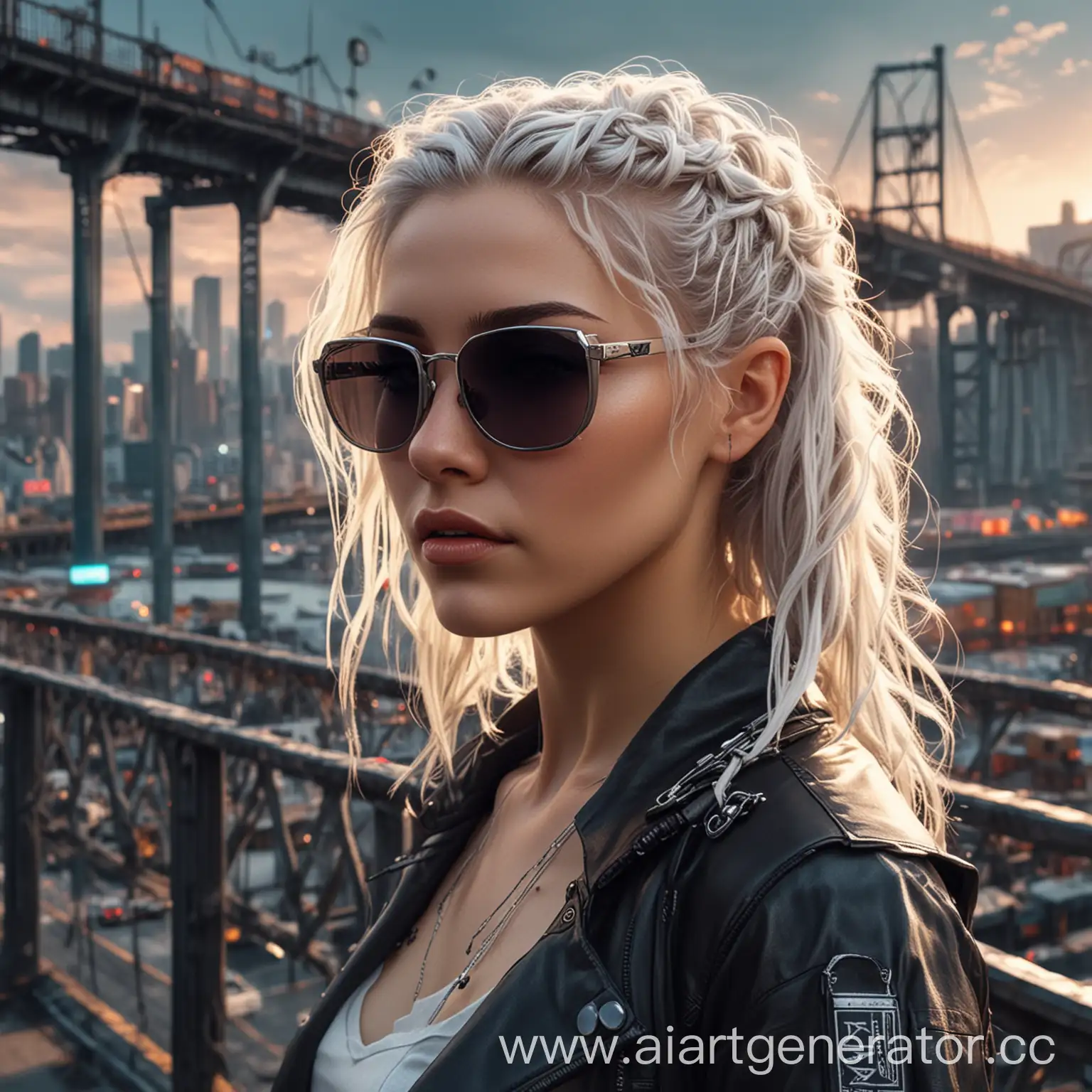 Cyberpunk style, a beautiful woman with white wavy hair braided in a high celebration hairstyle, wearing sunglasses, a fantastic city, a high bridge in the background, hyper realistic, cinematic lighting