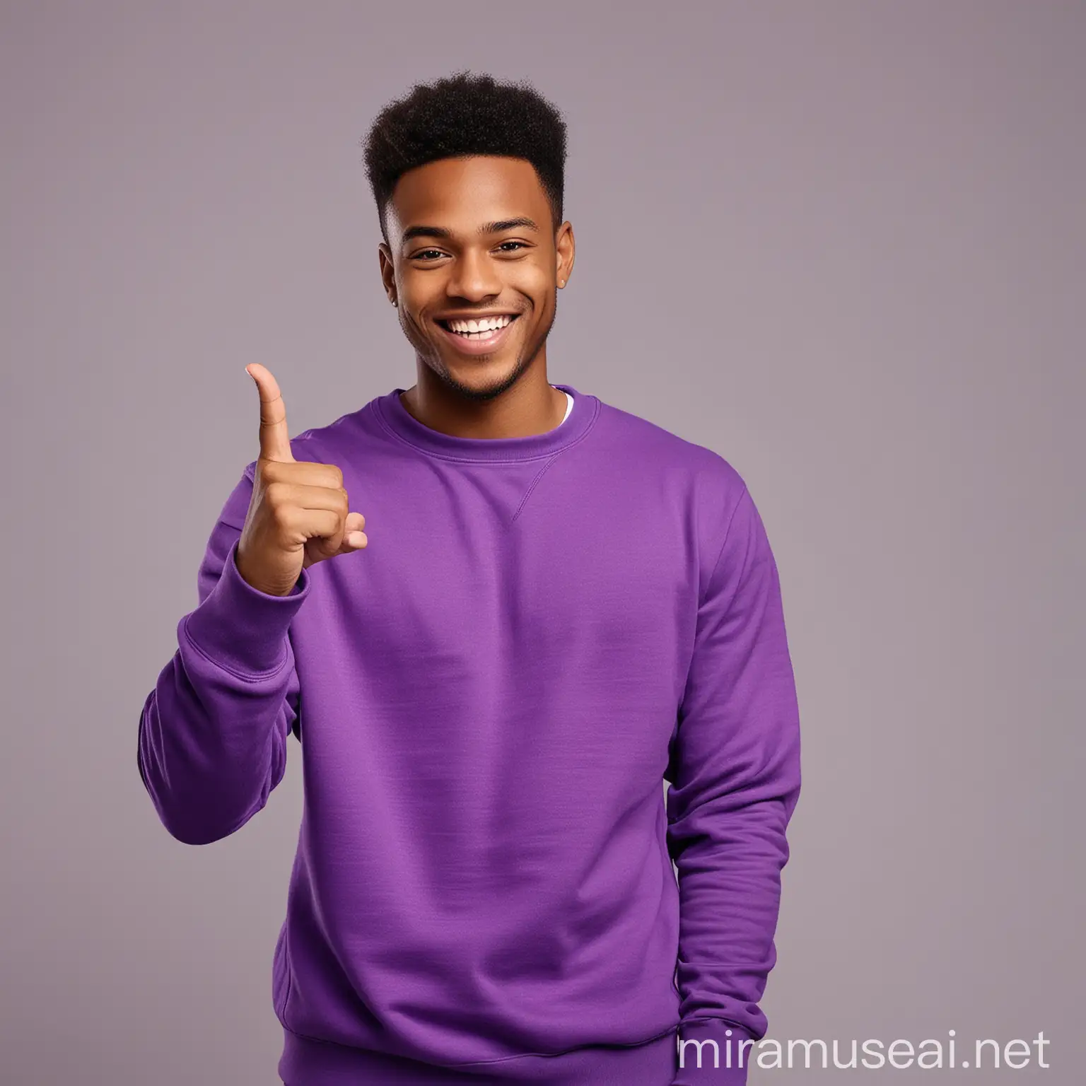 Smiling African American Man in Purple Sweatshirt Pointing at Camera