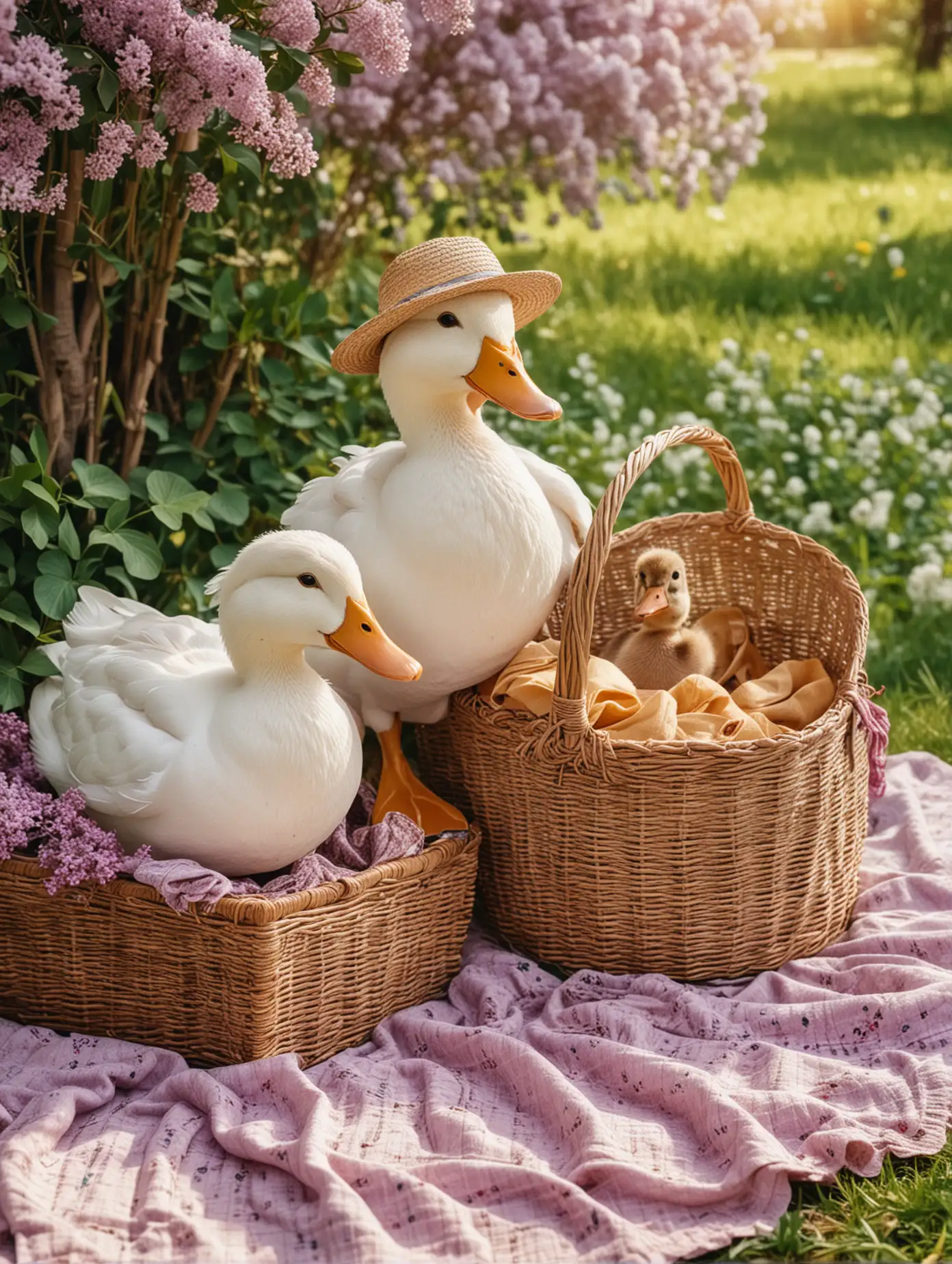 Quaint-Picnic-Scene-Ducks-in-Sarafans-Enjoying-a-Sunny-Day-in-the-Park