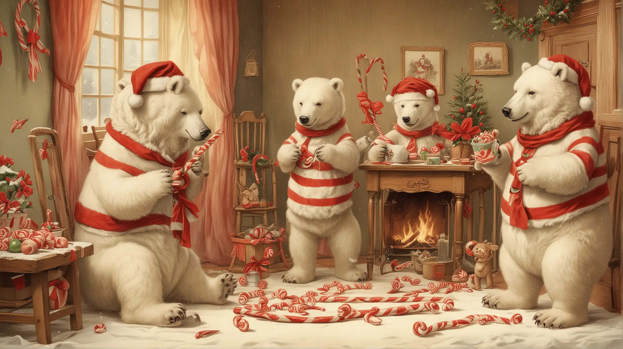 Snow Bears Decorating Candy Canes in Santas Vintage Home