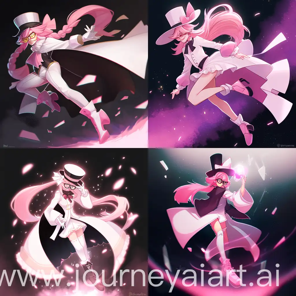 girl, solo, pink tuxedo, knee-length flounces, long pink hair, white shorts, black top hat, black glasses, black eyes, white shoes, white gloves, full-length, pink clothes, character referense