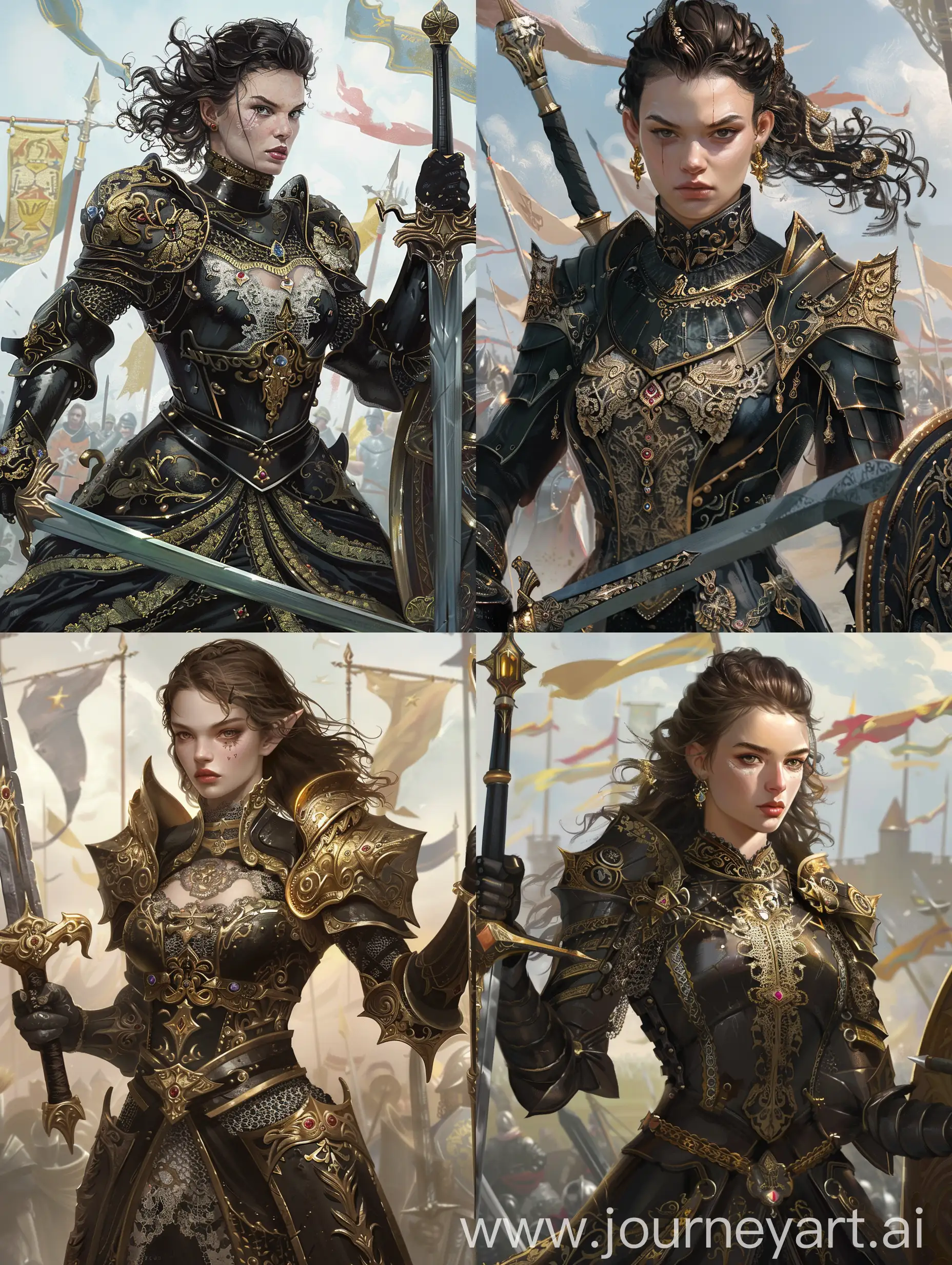 A fierce female warrior clad in sleek black and gold armor adorned with intricate lace and jewel details. She wields a sword in one hand and a shield in the other, gazing into the horizon with an air of unwavering determination. The backdrop is a medieval battlefield with banners fluttering in the wind.
