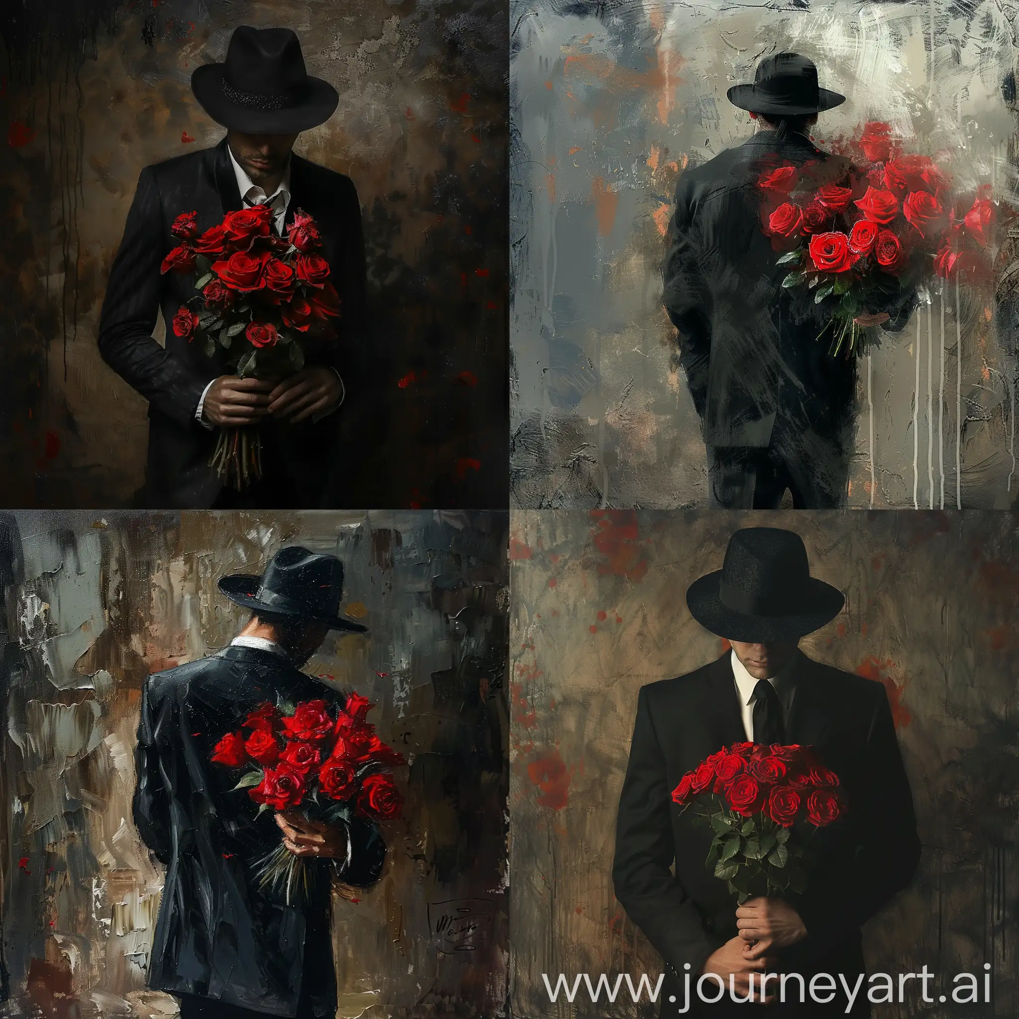 Парень в чёрном костюме и черной шляпе дарит красивый букет красных роз, стиль детальное фото, живопись импрессионизм