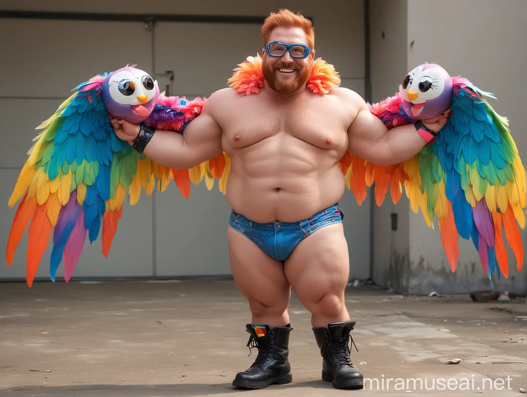 Topless 40s Smiling Ultra Chunky Redhead Bodybuilder Daddy Big Eyes with Beard Wearing Multi-Highlighter Bright Rainbow Colored See Through huge Eagle Wings Shoulder Jacket short shorts low leather boots and Flexing his Big Strong Arm with Doraemon Goggles