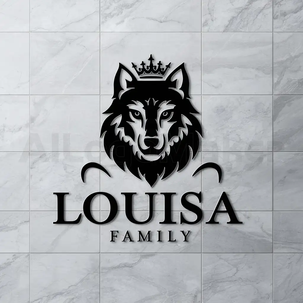 a logo design,with the text "Louisa Family", main symbol:black LOGO Design For Louisa Family Majestic Wolf crowned Symbol on a white Background,complex,clear background