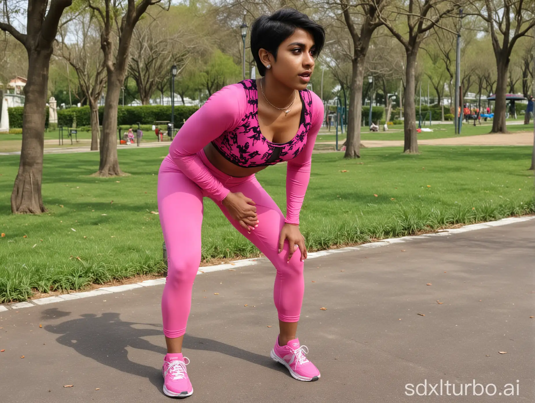 south indian, 30s, femboy, short hair, sissy, cross dresser ,chastity cage , big butt,  sports bra, tight leggings, pink outfit, crowded public park, back view , doing squats