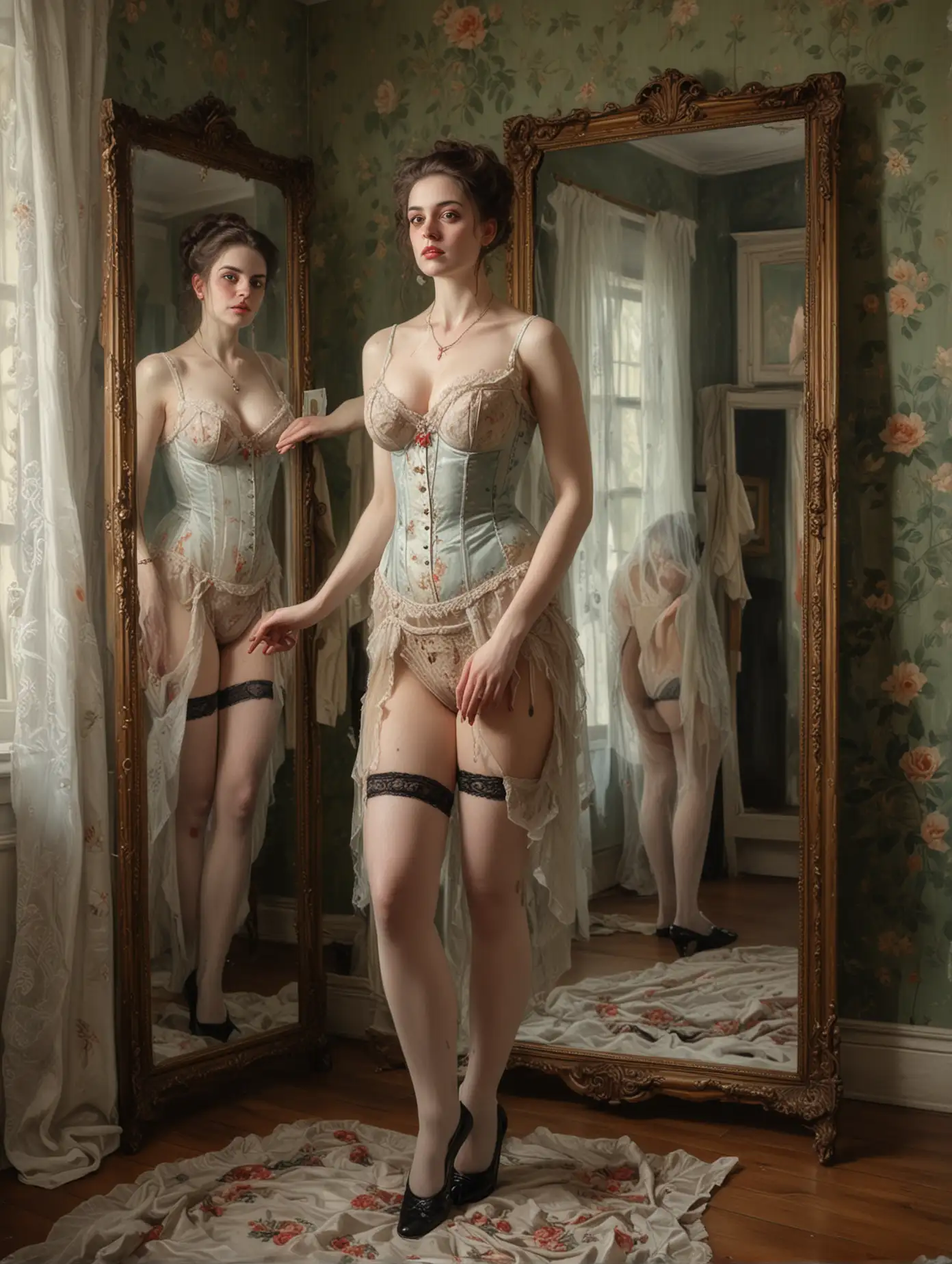 painting of a beautiful 19th Century woman, in vintage lingerie, dressing before a full length mirror, but the reflection in the mirror is a hideous undead version of her, detailed realistic oil painting with macabre feel