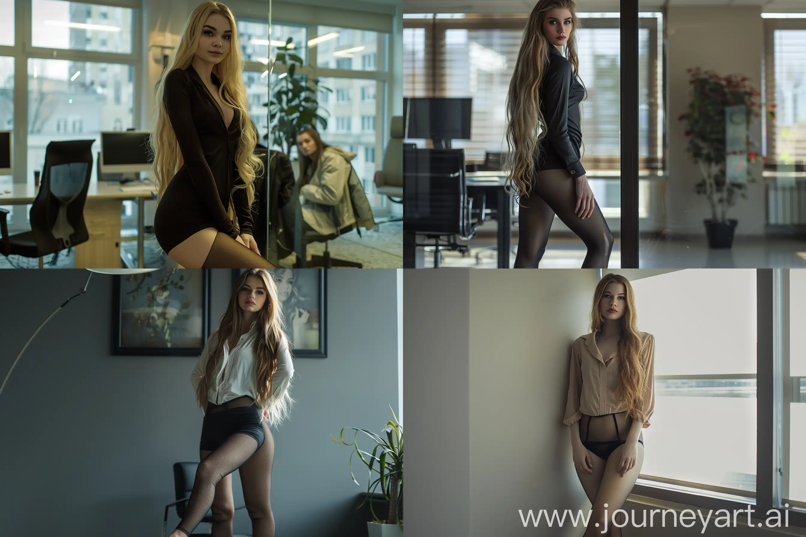 American young women, dark bodily pantyhose legs, foot, emphasis on pantyhose legs beautiful, makeup exquisite beautiful, long blondehead delicate women, naturalistic pose, in beautiful office, very real, facial expression smile, hyperrealistic, standing --ar 3:2 --style raw