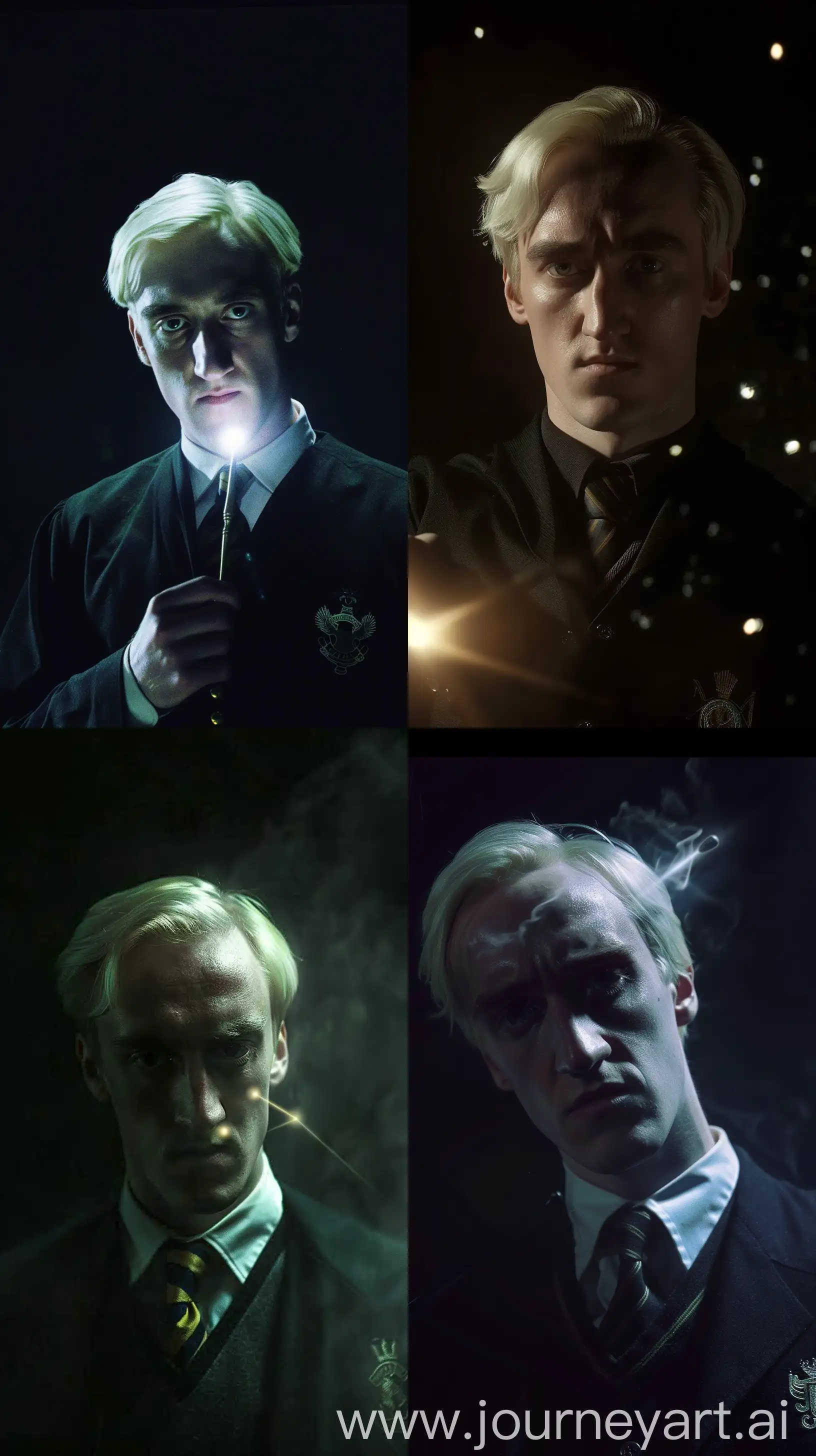 Draco Malfoy (Tom Felton), Slytherin uniform, highlights himself with a wand, there is complete darkness around, middle shot, ultra realistic, --ar 9:16