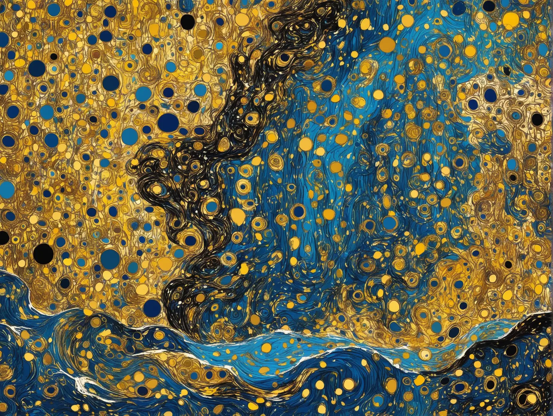  THe SEA IN STYLE OF KUSTAZ KLIMT AND JACKSON POLLOCK PSYCHEDELIC, CRAZY BACKGROUND GOLD MESSY,    
BLUE THE SEA THE SEA 
LESS BUSY

