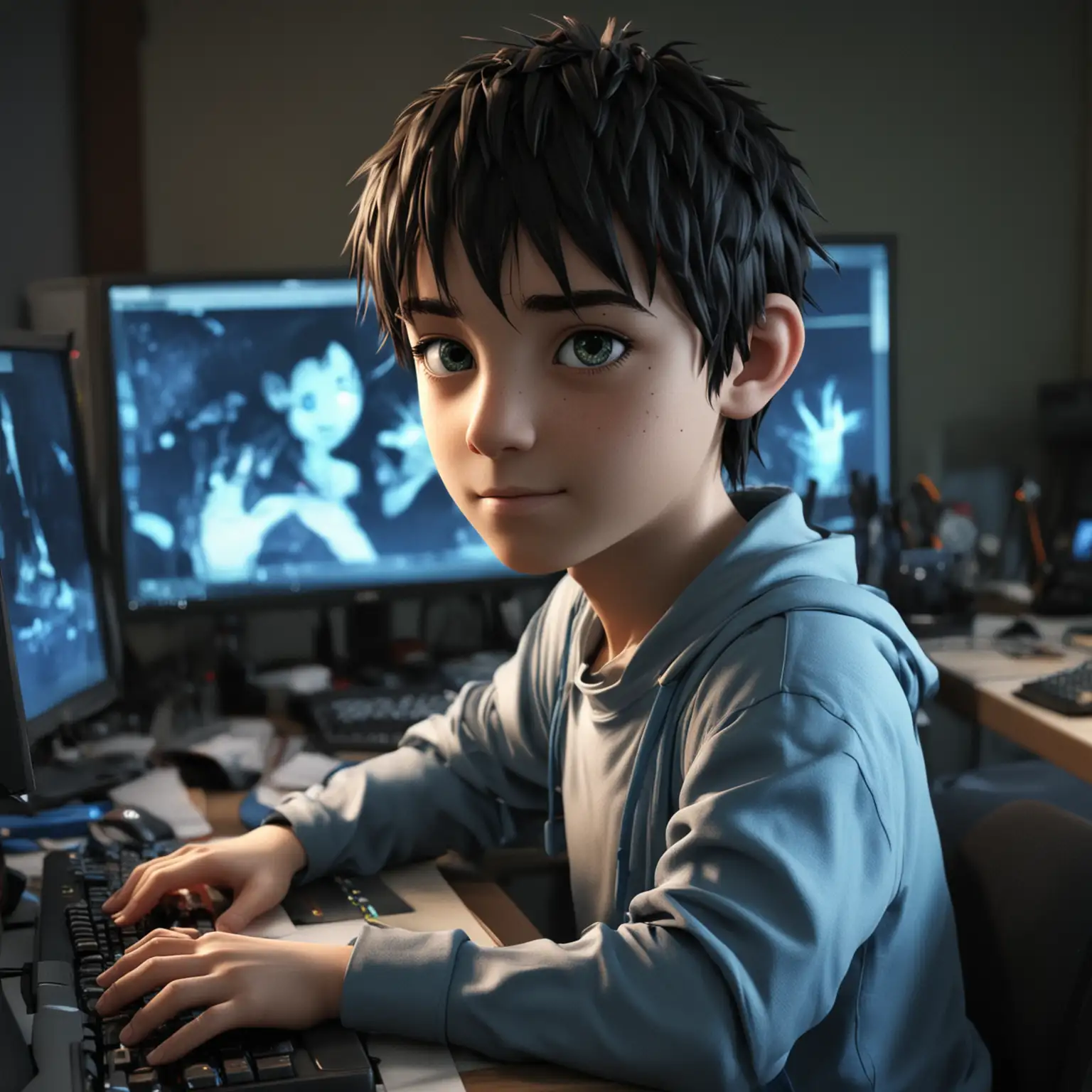 头像，3d，动漫，男孩在电脑前工作