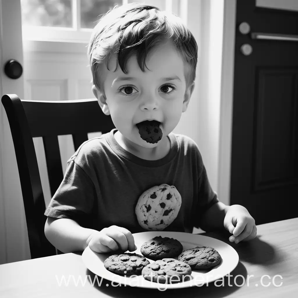 Маленький мальчик приехал к бабушке на выходные, и кушает приготовленное ей печенье( черно-белое)