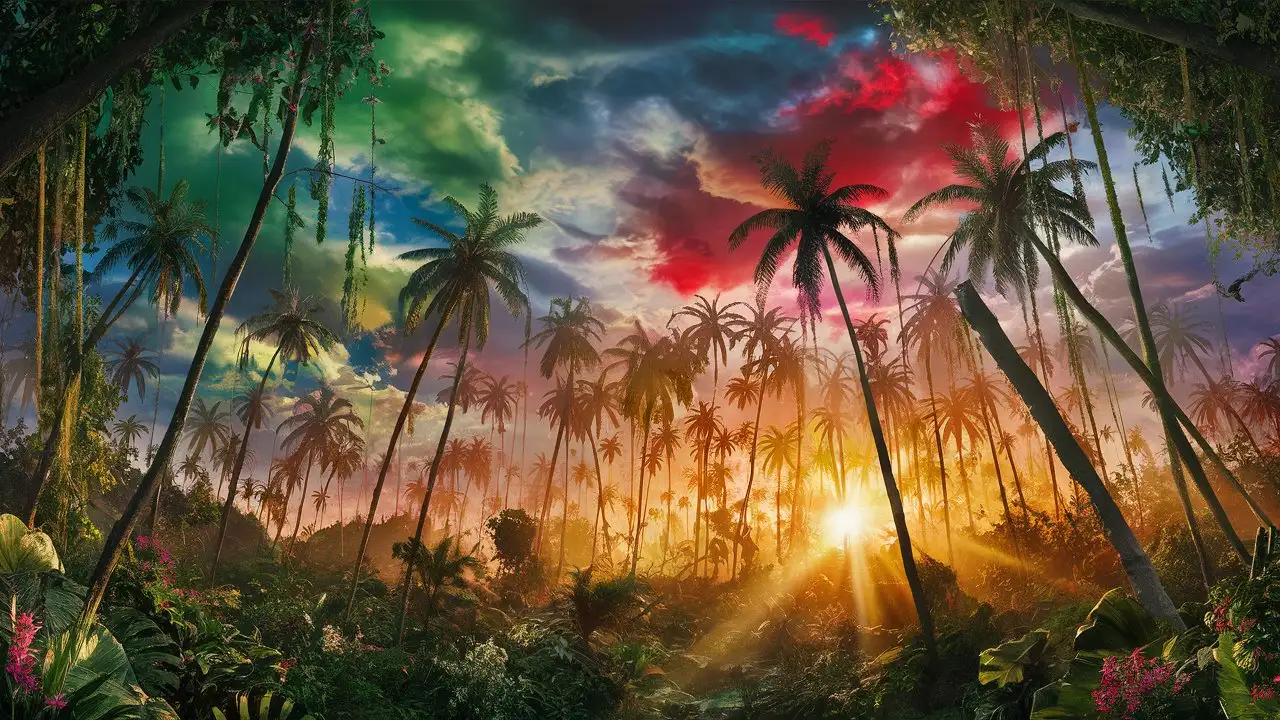 Tropical Forest Sunset Scene with Palm Trees and Exotic Flowers