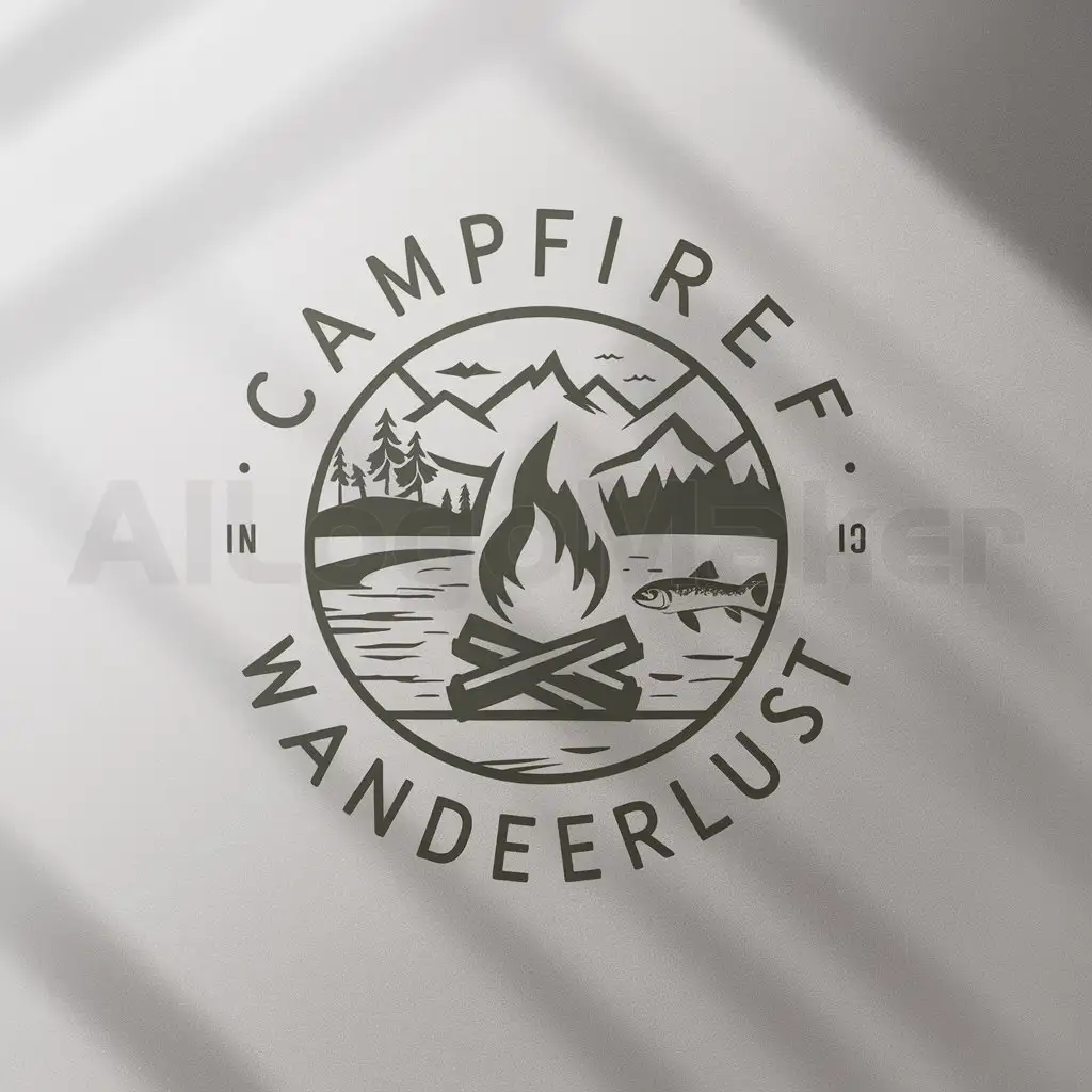 a logo design,with the text 'CampfireWanderlust', main symbol:campfire, river, lake, mountains, trout