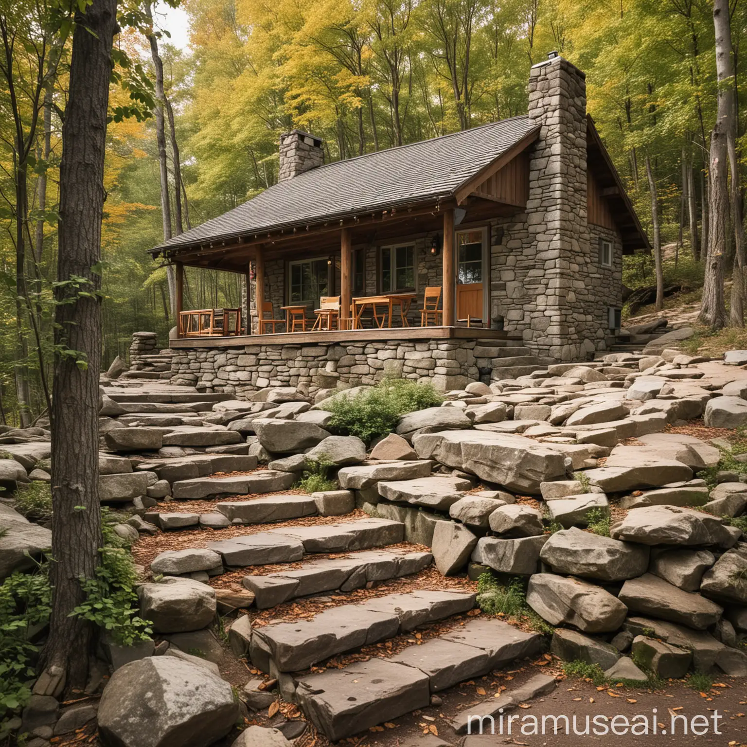  A cabin with a door and a window is situated on the stone steps, with a picnic table to the right. It's surrounded by rocky terrain and some woods.