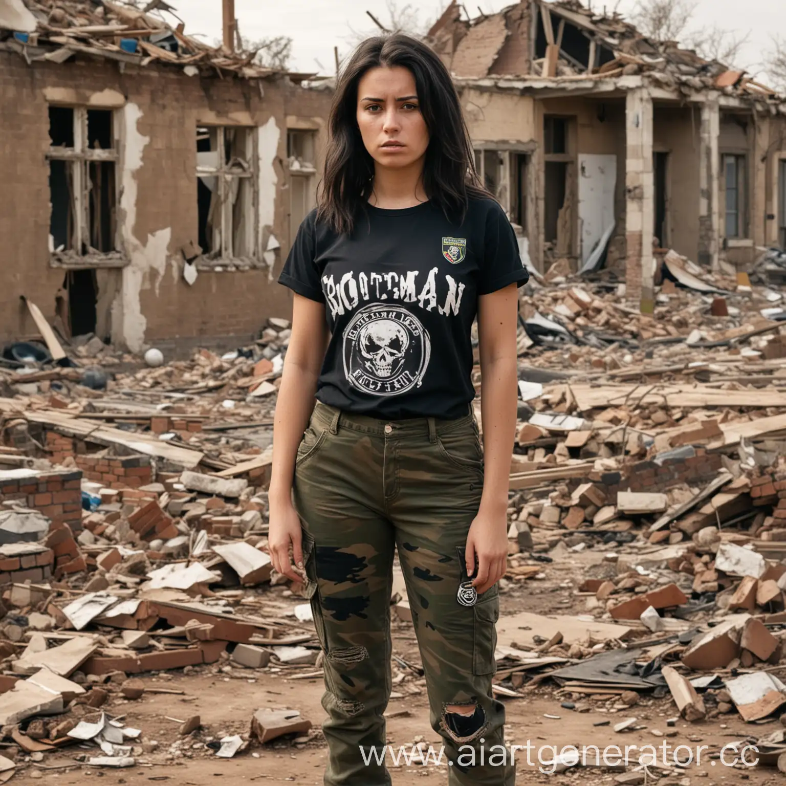 Взрослая девушка стоит на фоне разрушенных войной домов. Она одета в черную порванную футболку и камуфляжные штаны. У нее темные волосы по плечи.  У нее злой взгляд. На ее футболке бейдж с надписью "BOOTMAN". Она военная