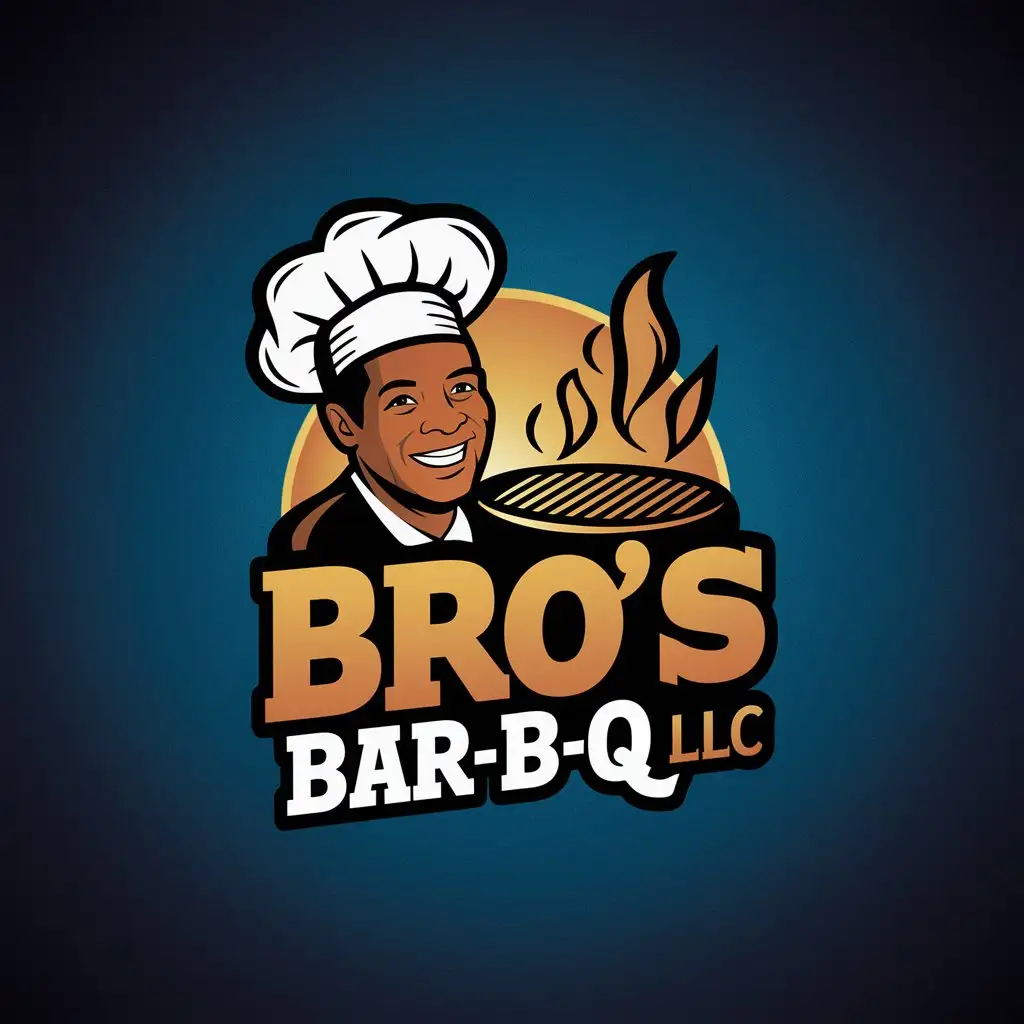 a logo design,with the text 'Bro's Bar-B-Q LLC', main symbol:black man with grill, blue background,Moderate, be used in food industry, clear background
