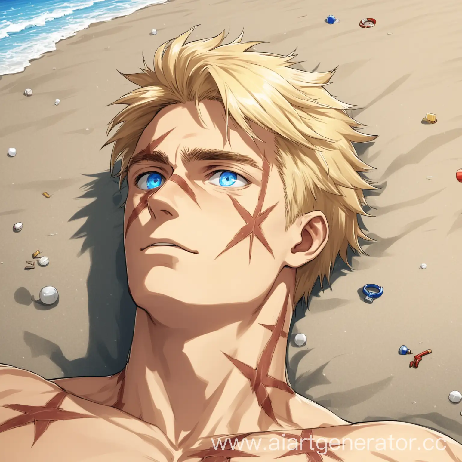 Беловолосый и белоглазый  парень , с шрамом на лице , накаченный , лежит на пляже , смотрит в даль 