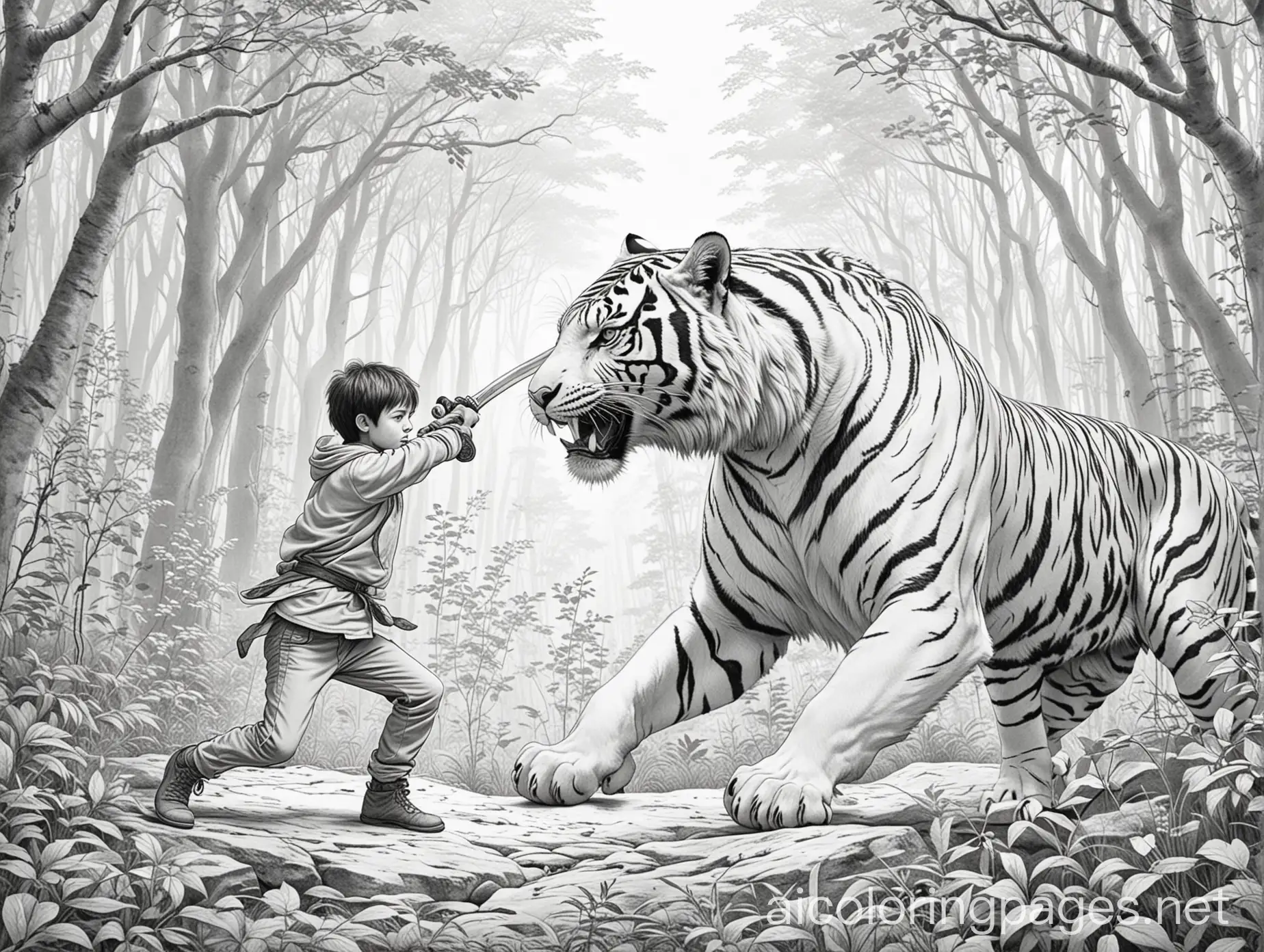 boy in the woods fighting a large tiger with a sword, Coloring Page, black and white, line art, white background, Simplicity, Ample White Space