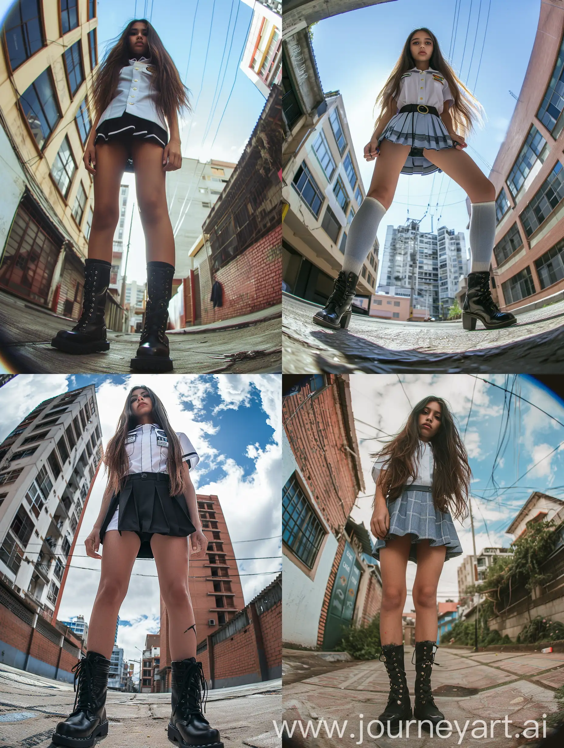 a beautiful tall female latina , long hair, 19 years old,  standing and wearing school uniform style, fully clothed, down view, photo with fish eye effect,  black  boots, urban background