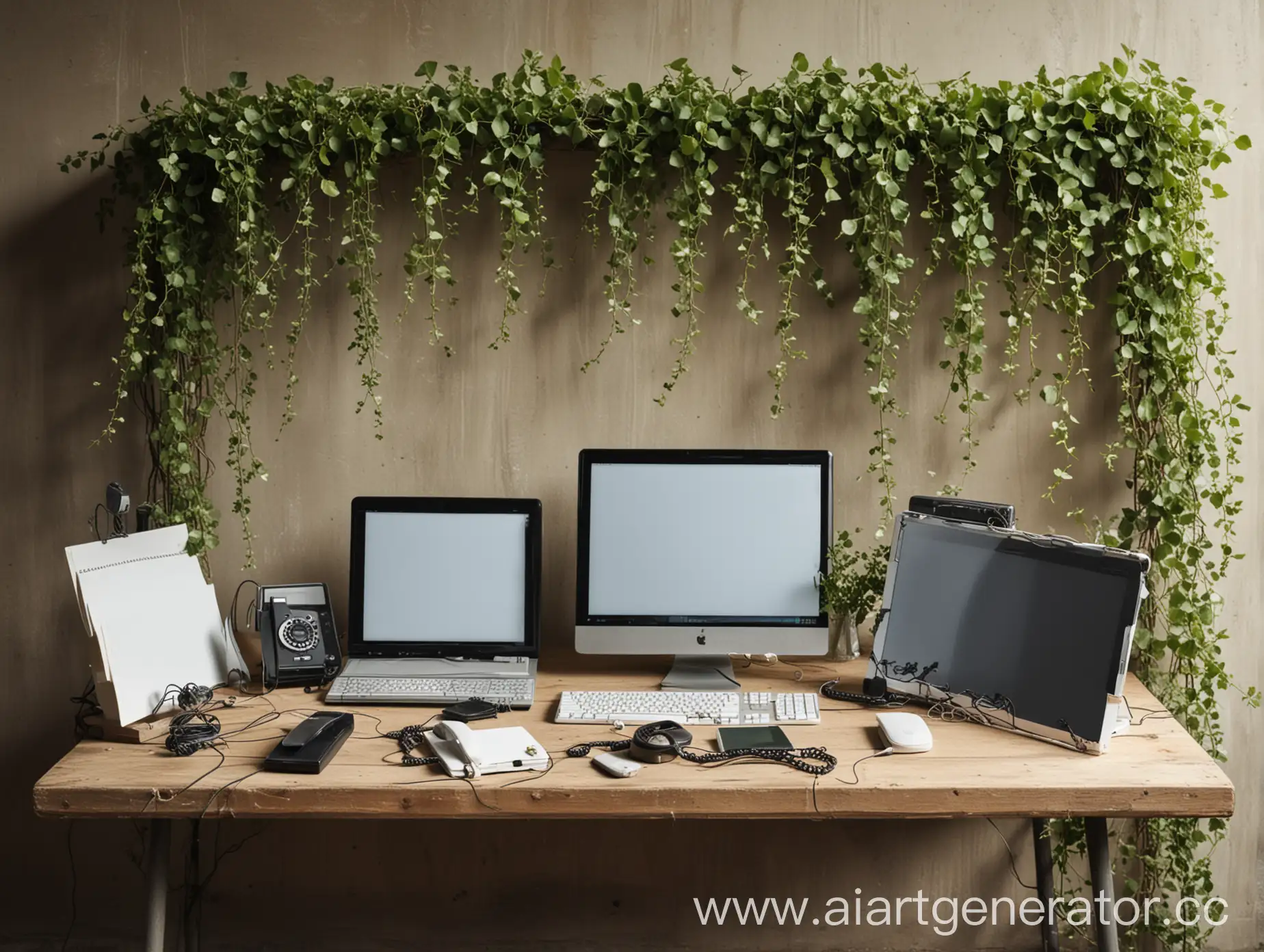 Modern-Workspace-Notebook-Computer-and-Telephone-on-Table-Against-Vine-Wall