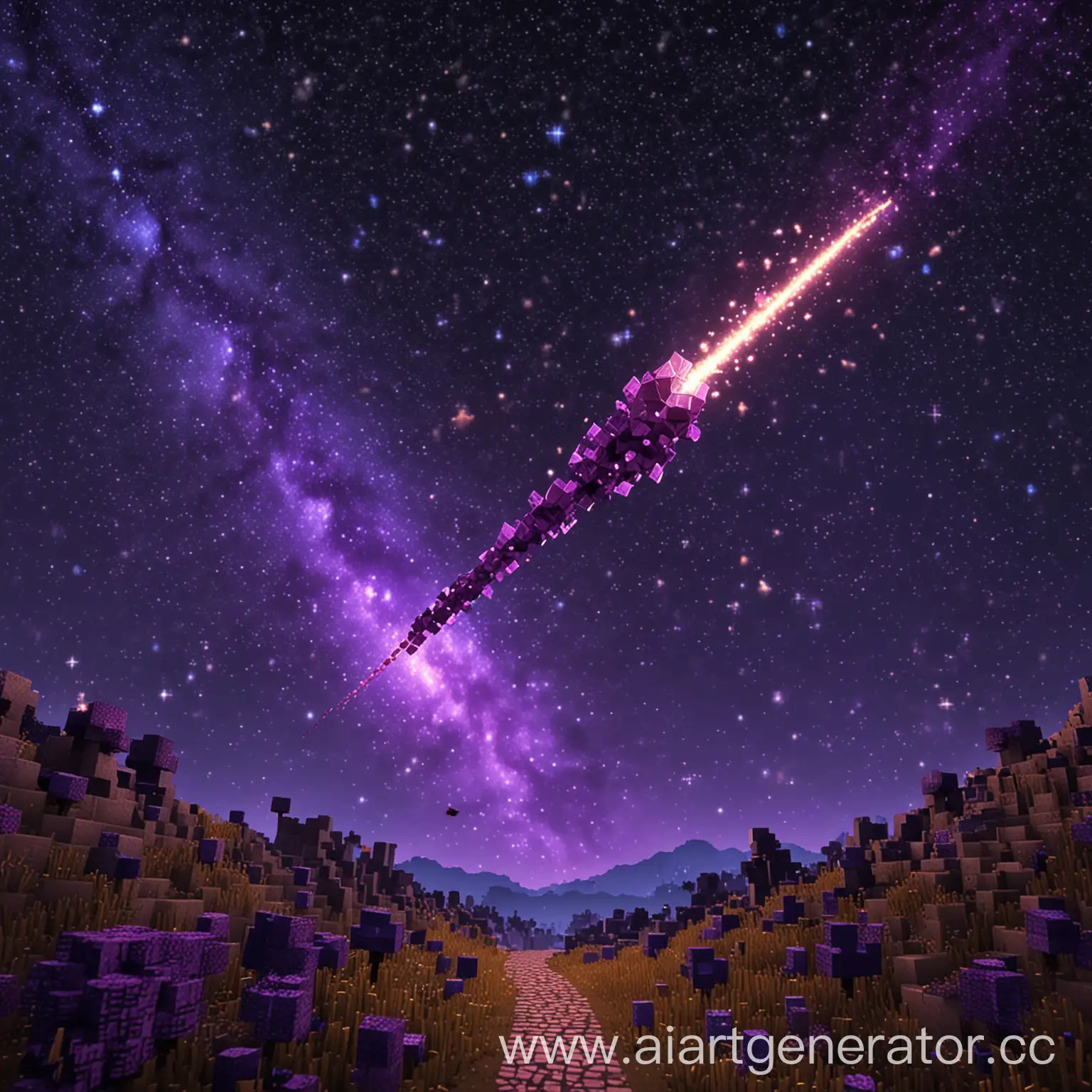 Майнкрафт комета на фоне фиолетового звездного неба в майнкрафт летит и оставляет за собой блестящий путь