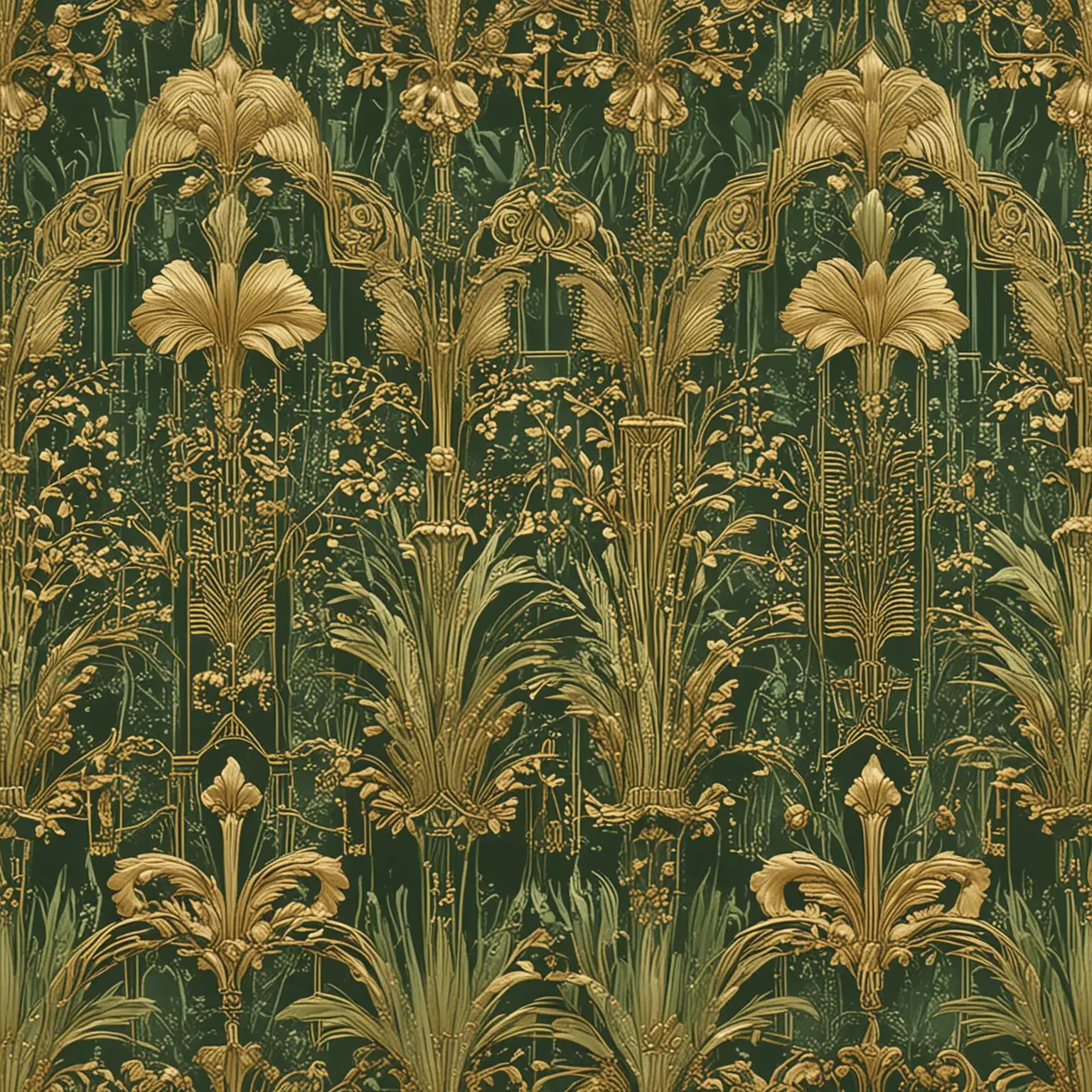 Art deco style wallpaper, colour green with very ornate gold in 