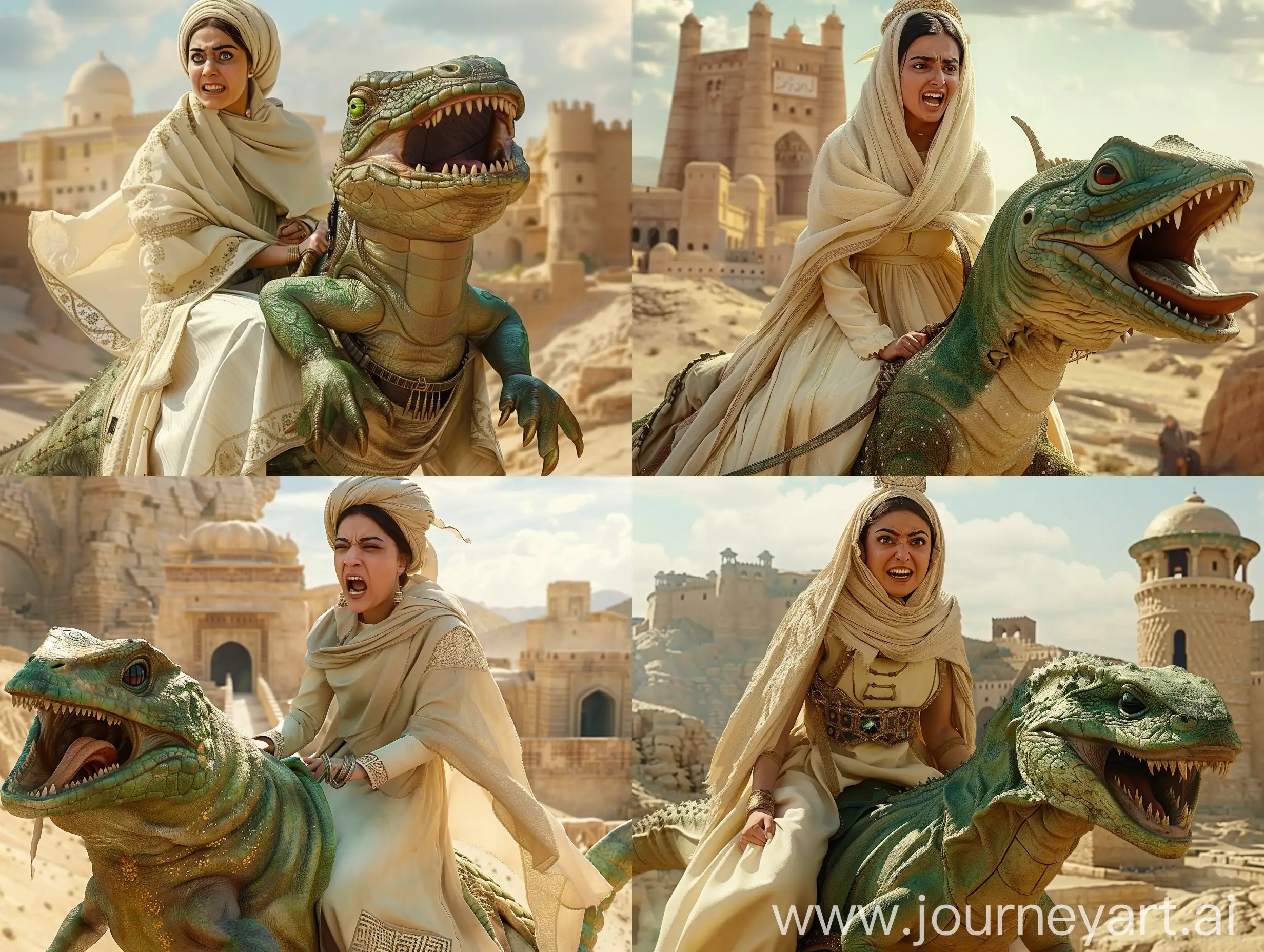 A young Persian woman wearing a cream-colored traditional dress and a cream-colored shawl on her head is frowning while riding a Lizard-like creature whose head resembles a frog, a lizard, a cat, and a silkworm, and the creature's mouth is slightly open and roaring.  and its teeth are defined and it's the size of a horse and it's green, balab is a castle standing in the citadel and both are shouting, create for me a real photo with high quality detail, with midday lighting they are in the Persian Empire, create a realistic 4K photo with fine details and daylight lighting. Monitors, create for me a real quality photo with fine details and midday sun lighting, in a desert, in an ancient civilization, cinematic, epic realism,8K, highly detailed, medium shot, upper body, glamour lighting, natural lighting, backlit 