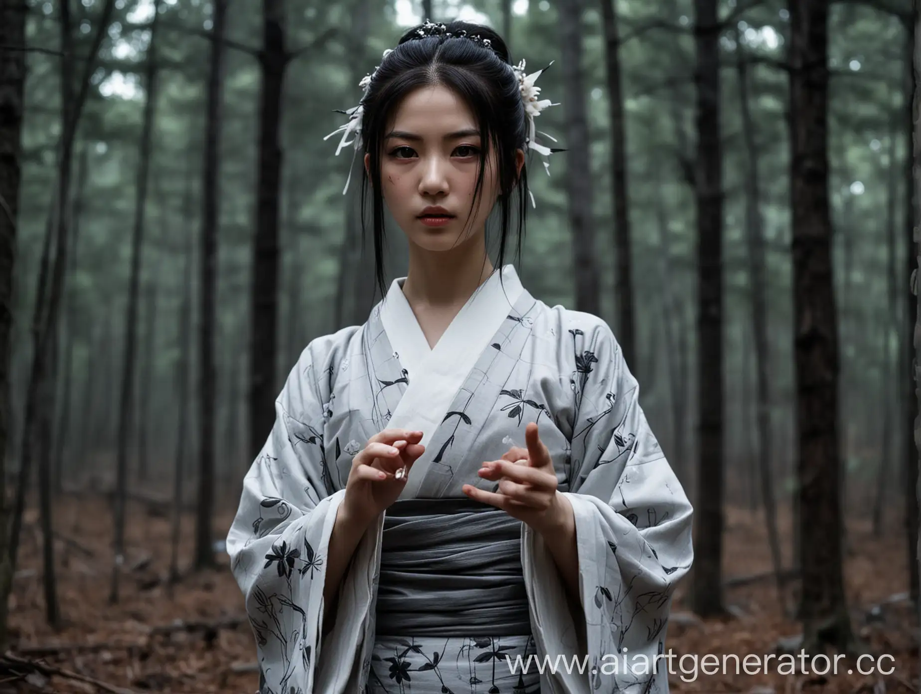 Young woman — Kama-itachi is an ermine youkai in the middle  in the dark forest. the forest is at night, the eyes barely glow, and in the background other gornasts with sharp blades instead of paws are visible.   the girl herself is dressed in a long gray kimono that covers her palms, and she has a high ponytail with beautiful hairpins, and a short blade is visible from under her sleeve. dark eyes, angry look.