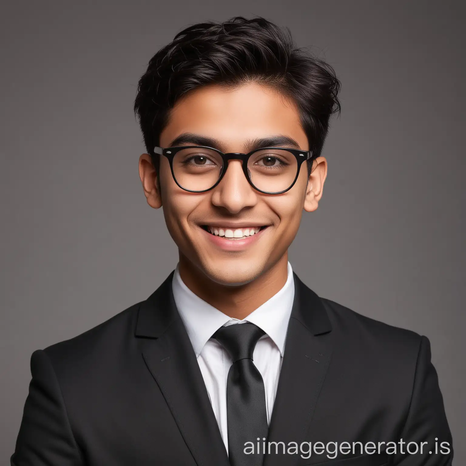 21 years old Indian boy with fair skin wearing spectacles and narrow body posing for a LinkedIn picture in formulas in black suit with a confident decent smile with medium short hair, and teeth should not be visible