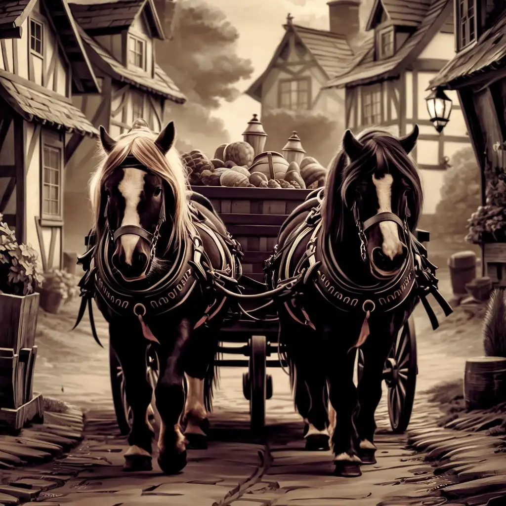 two slim teen Girls Blonde and black hair wear a pony harness, many straps pulling a wagon midlevel village  