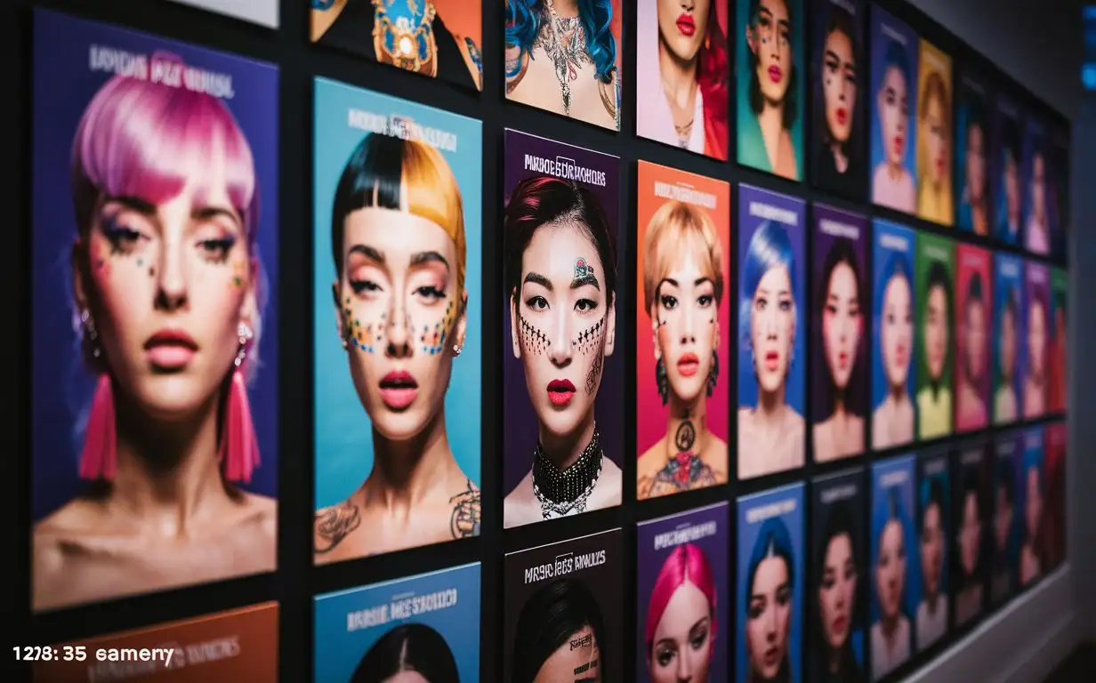 Posters of women with brightly colored hair and facial tattoos, in an art gallery, depth of field, bokeh, f2.8 lens, taken with a Sony A7s3 --aspect ratio 128:85 --version 6.0 --style raw