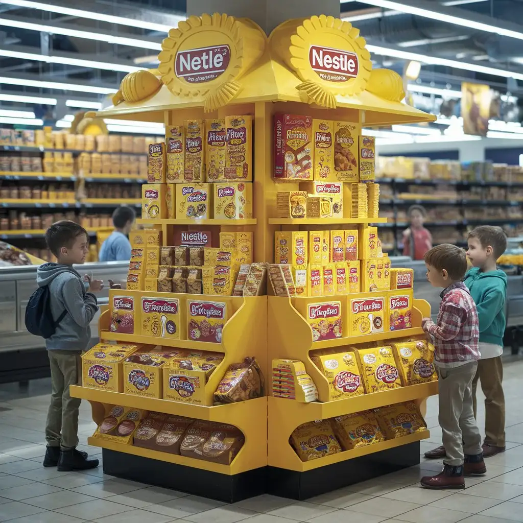желтый стент отдельно стоящий посреди супермаркета, компания Nestle, у него на полках желтая продукция: хлопья, банточики и какао. Стент в мультяшном стиле и на него засматриваются дети. это важно!